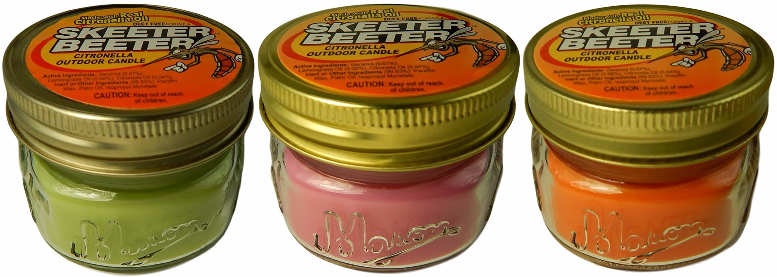 Citronella Candles,3 Pack, Skeeter Beeter, Deet-Free, Insect Bug Mosquito Beater Repellent, Mason Jars (Pink Orange Green)