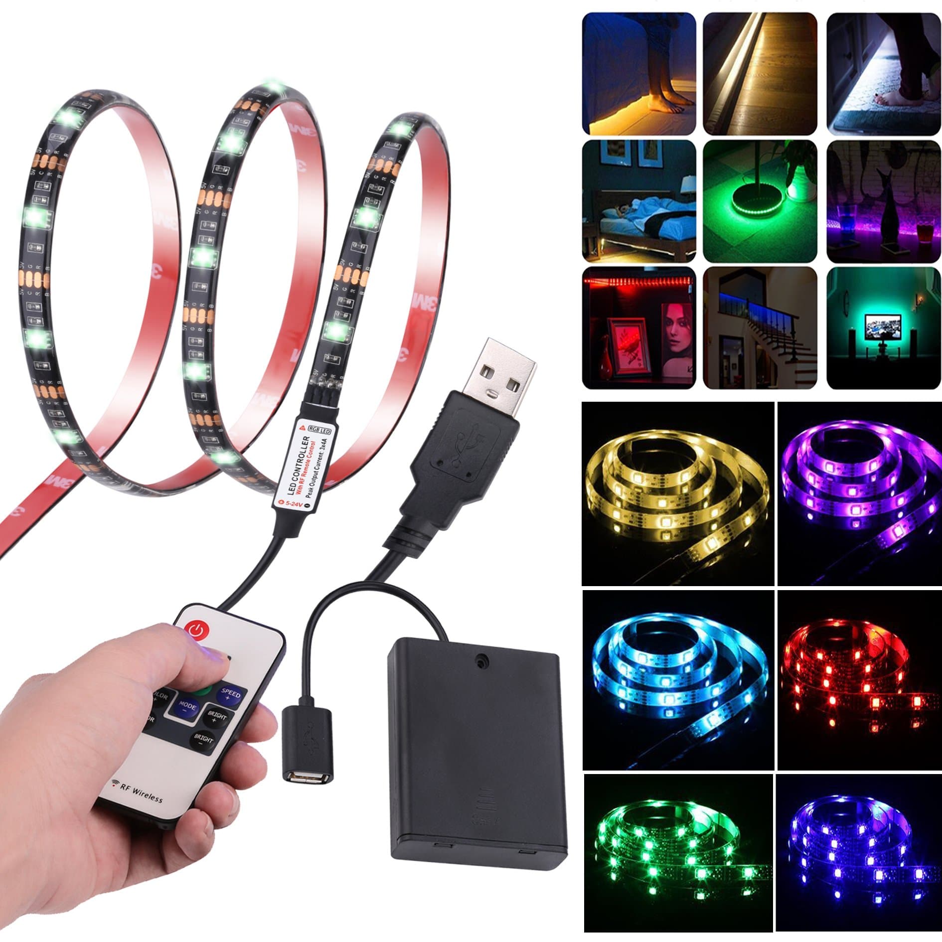Battery Powered LED Strip Lights, Leimaq Led strip lights Battery Operated USB Powered TV Backlight Led Light Strip With RF Remote Waterproof Led Tape Light Multi Color Changing RGB SMD 5050 Rope Ligh