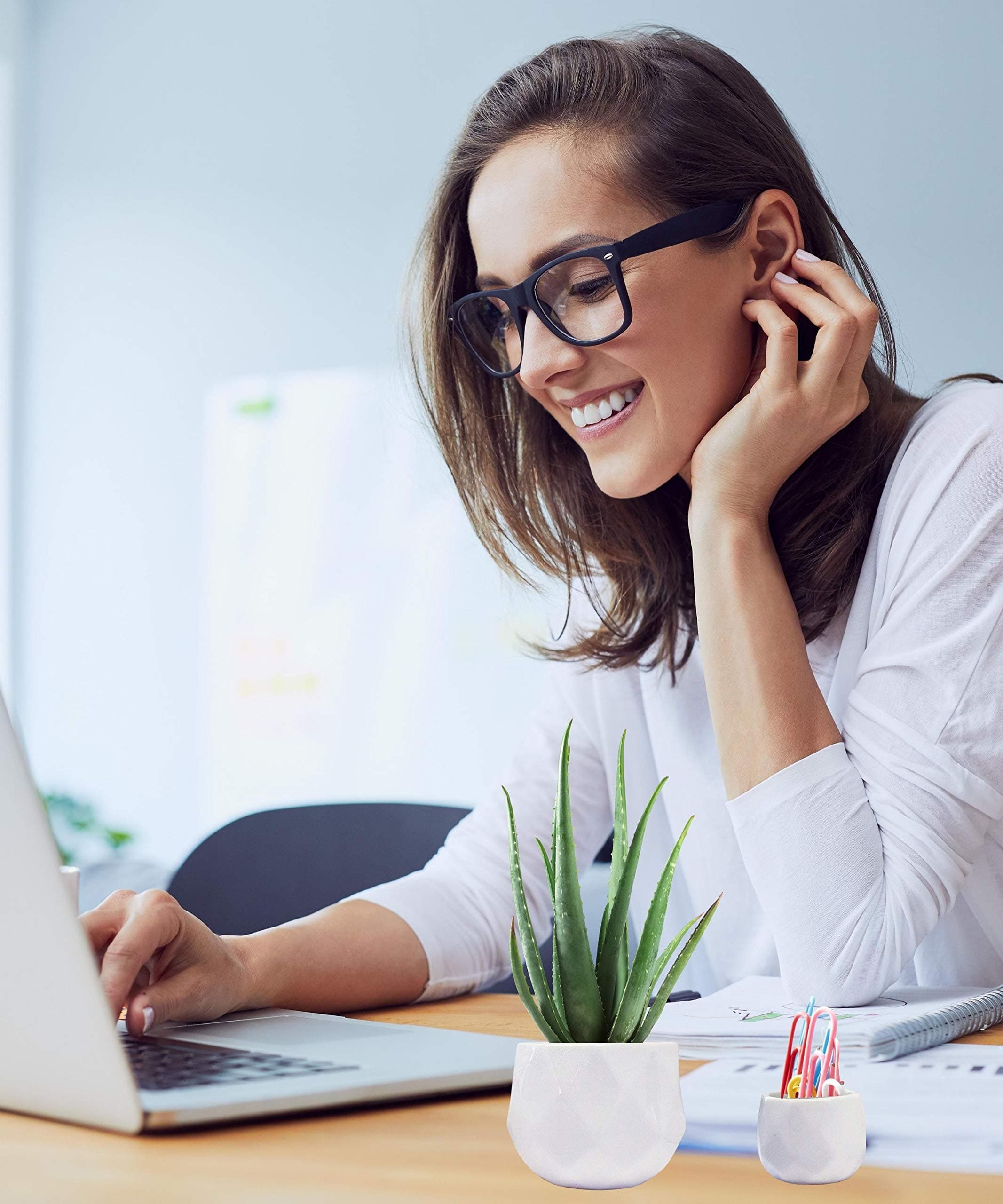 Parva Garden Modern Small Succulent Planters, Cute Window Planters for Cactus, Set of Two Geometric Pots (2, White)