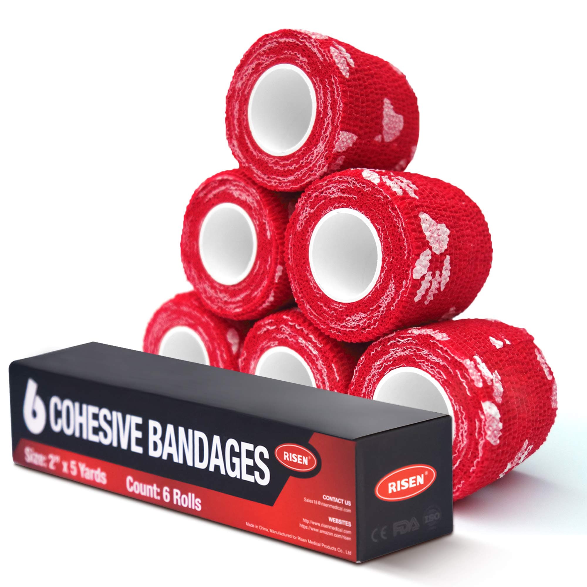 RISEN Cohesive Bandage 2” x 5 Yards, 6 Rolls, Self Adherent Wrap Medical Tape, Adhesive Flexible Breathable First Aid Gauze Ideal for Stretch Athletic