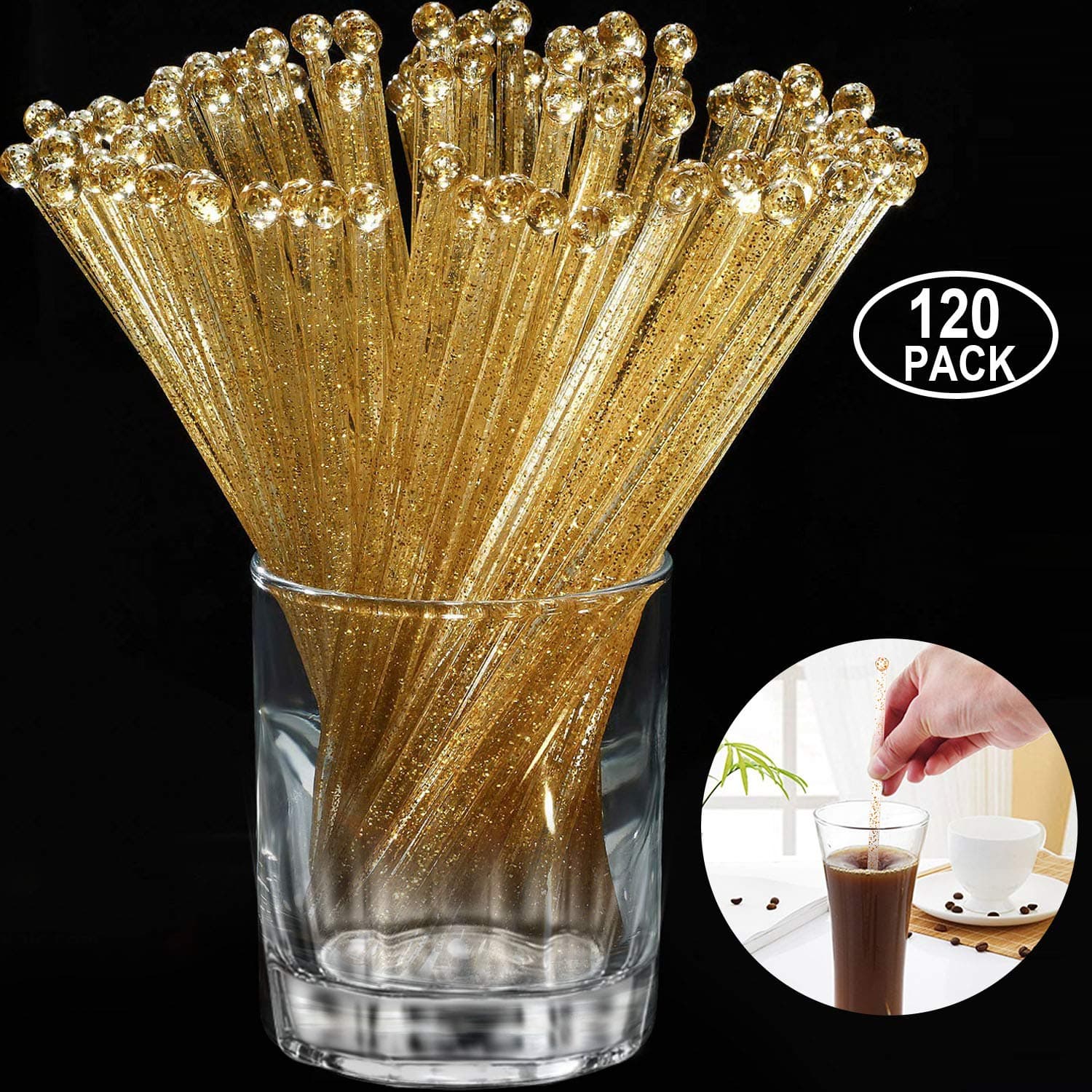 Aboat 120 Pieces 7.3 Inch Plastic Round Top Swizzle Sticks (Gold)