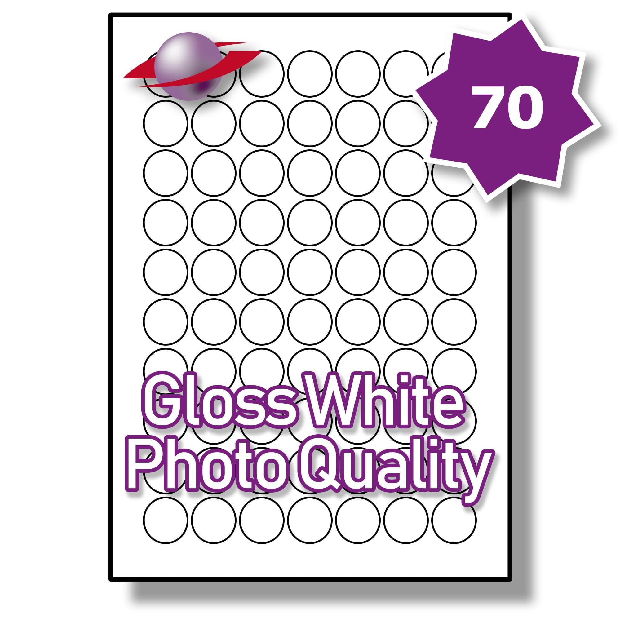 Label Planet® 70 Per Page/Sheet 25 Sheets (1750 Sticky MINI ROUND PHOTO GLOSS Labels) White Glossy Blank Plain A4 Permanent Stickers With Laser/INKJET Printers, UK LP70/25R GWPQ, 25MM Diameter Circles