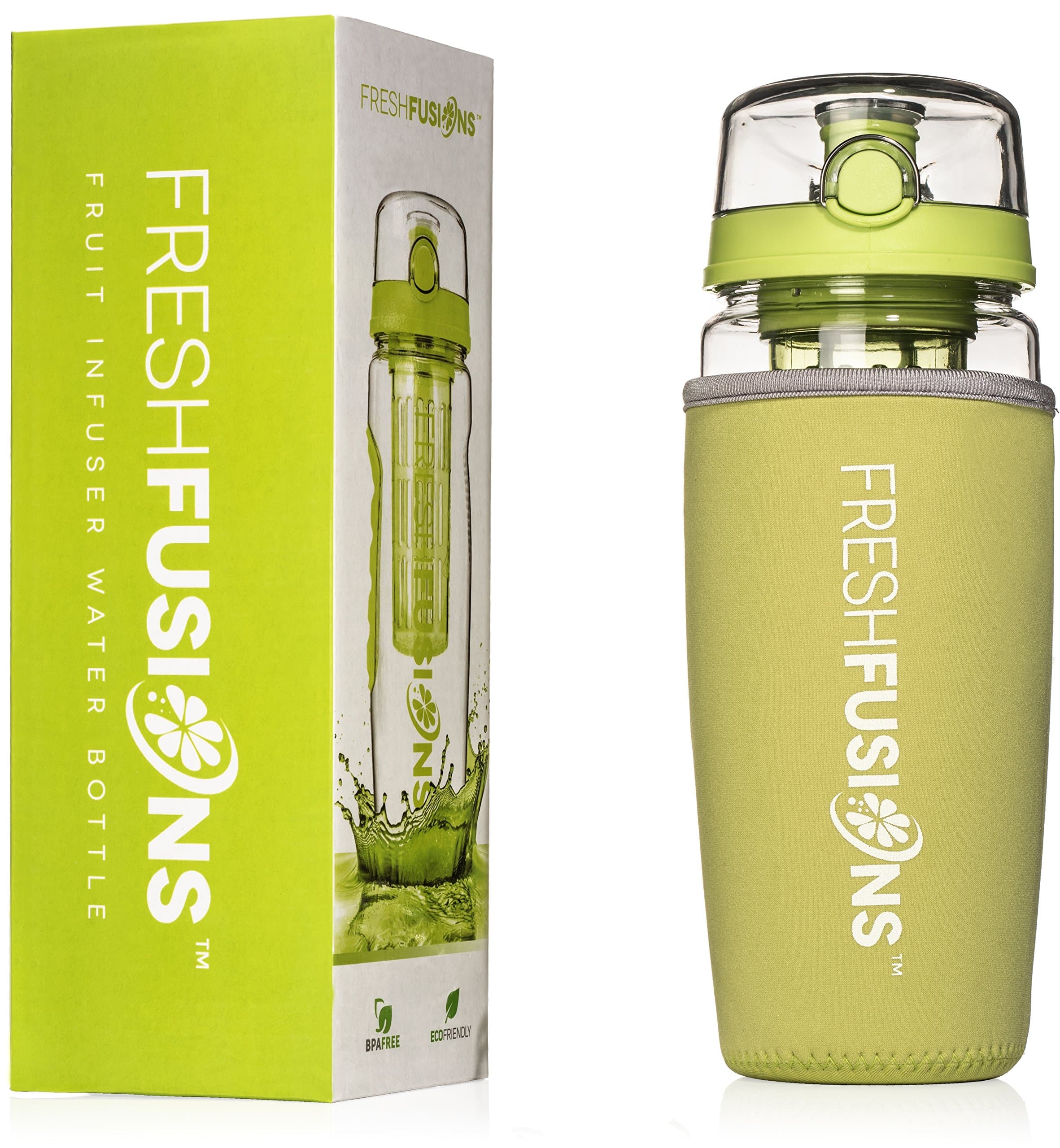 Fresh O2 Fusions Fruit Infuser Water Bottle Shaker Combo Set with eBook, Protein Shaker Ball and Insulated Sleeve, Lime, 32 oz