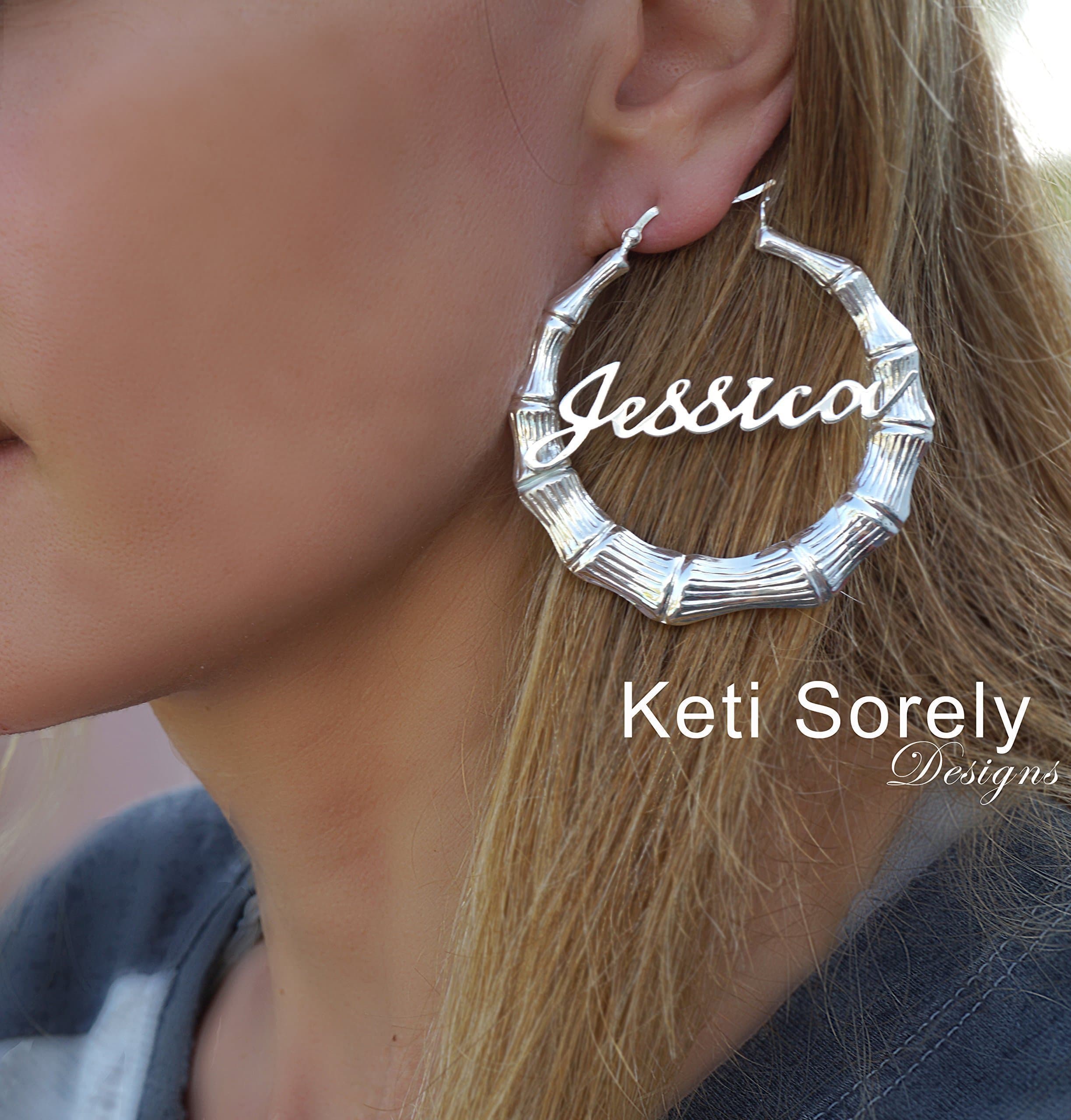 Large Bamboo Earrings with Nameplate, Sterling Silver
