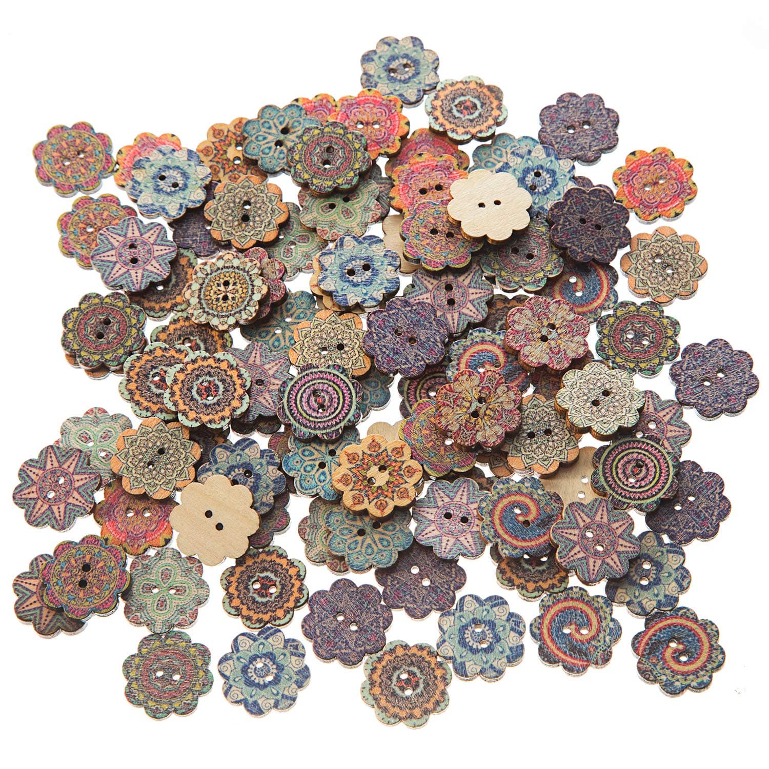 EMAAN 20mm Vintage Wood Button, Mixed Pattern 2 Hole Round Craft Button Sewing DIY Crafts Decoration, Random Shining Sewing Crafting Pack of 100pcs