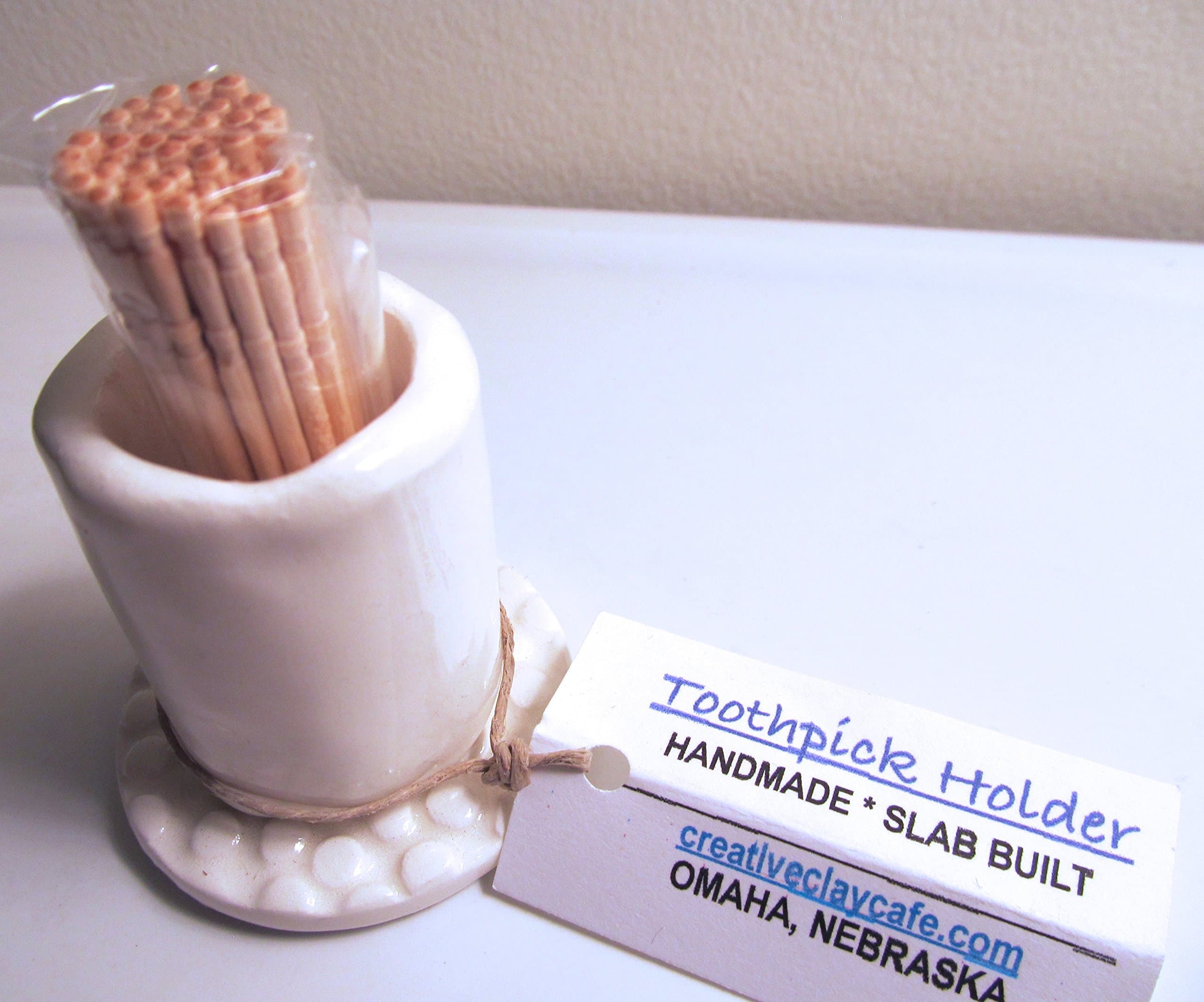 Ceramic Toothpick Holder Handmade and Slab Built Glazed White with Custom Stamped Base Raised Dot Pattern