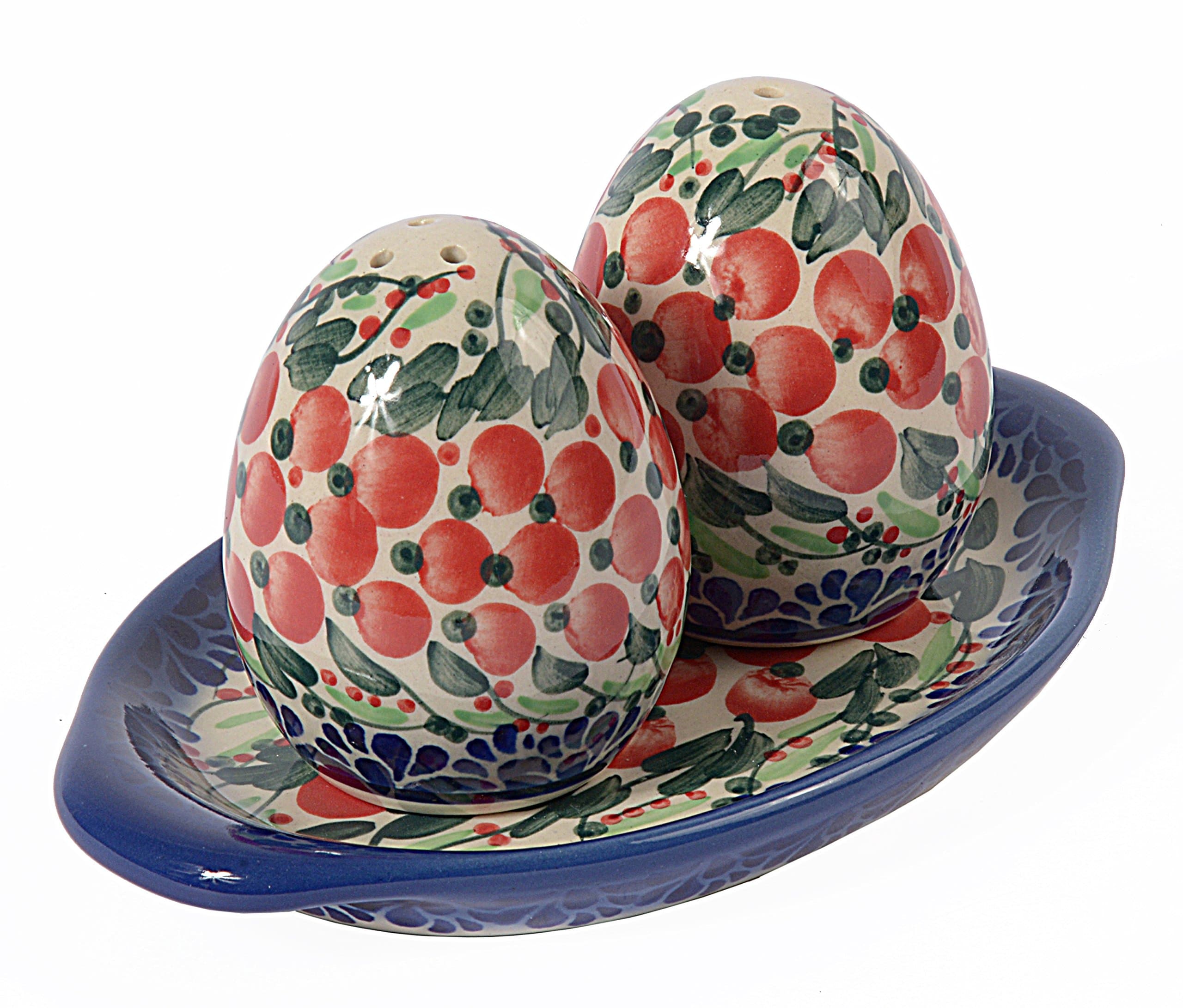 Traditional Polish Pottery, Egg-Shaped Handcrafted Ceramic Salt & Pepper Shakers with Tray (Set of 2), Height 7cm, Boleslawiec Style Pattern, P.401.Cranberry