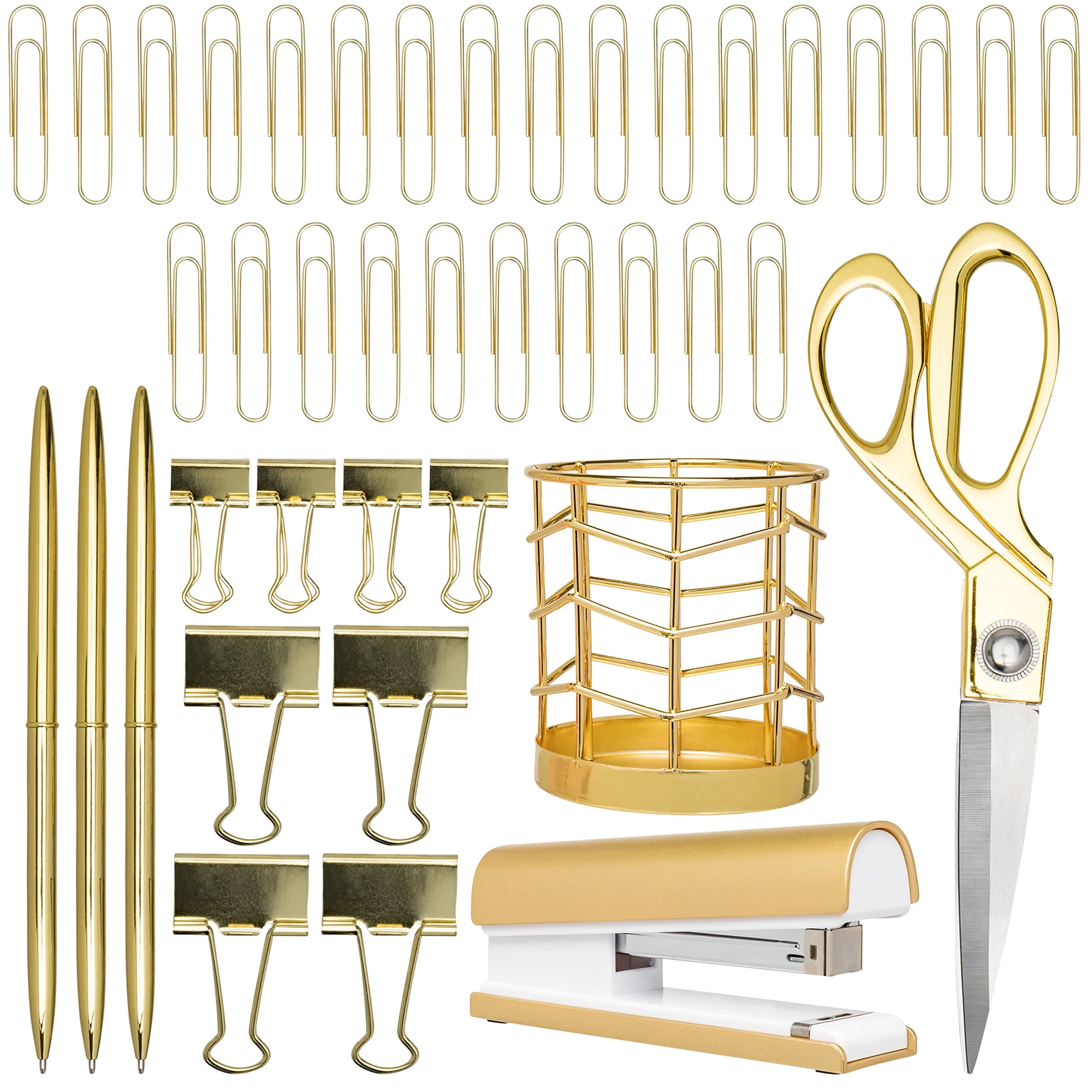 Gold Desk Accessories | 7 Desktop Essentials (44 Items Total) | Office Supply Set & Organizer in Gold Décor