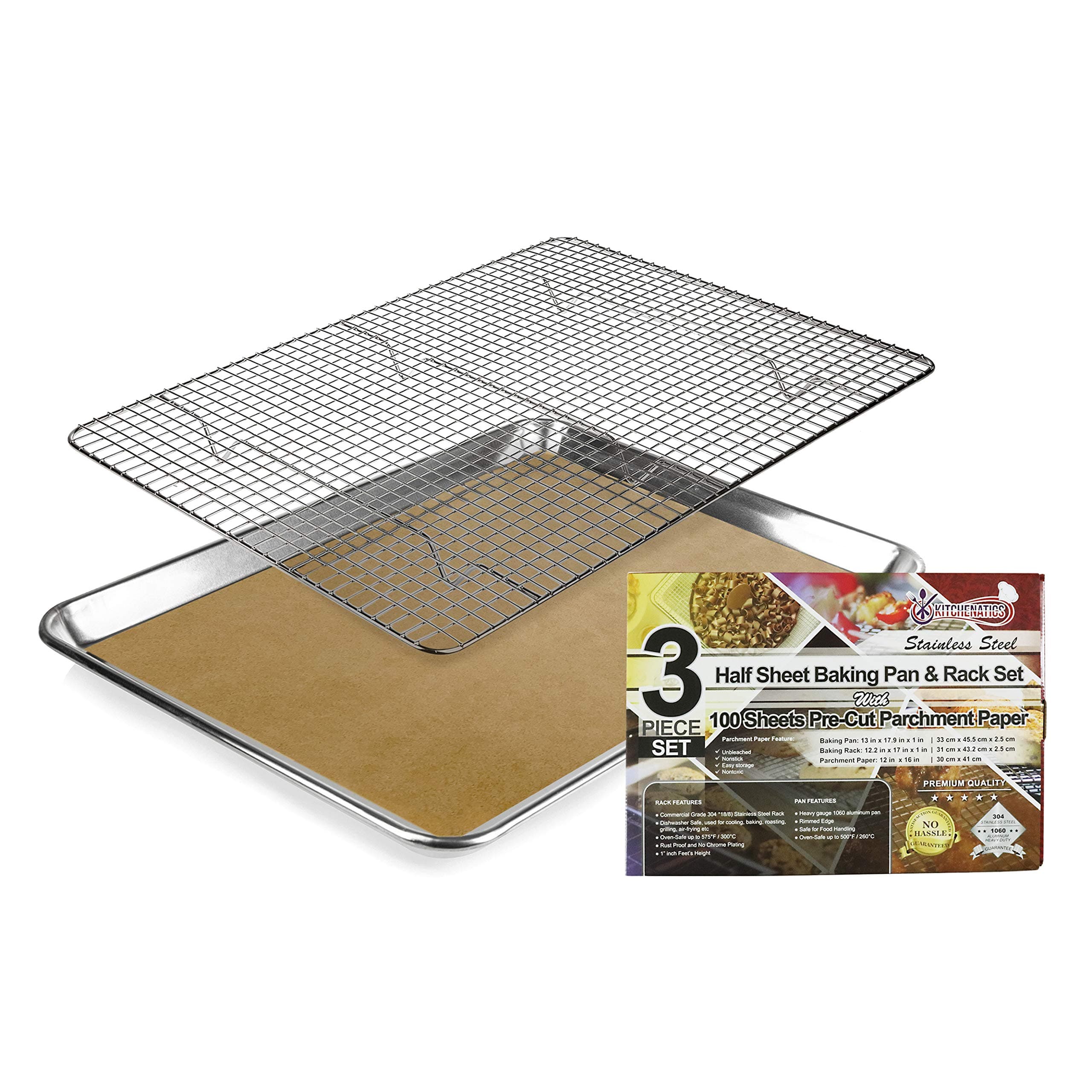KITCHENATICS Heavy Duty 1/2 Baking Sheet & Wire Rack Set w/ 100 Pcs Parchment Paper, 1/2 Baking Sheet & Rack Set, Cookie Pan w/Cooling Rack, Half Oven Sheet Pan, Rack w/Baking Paper 13.1" x 17.9" IN