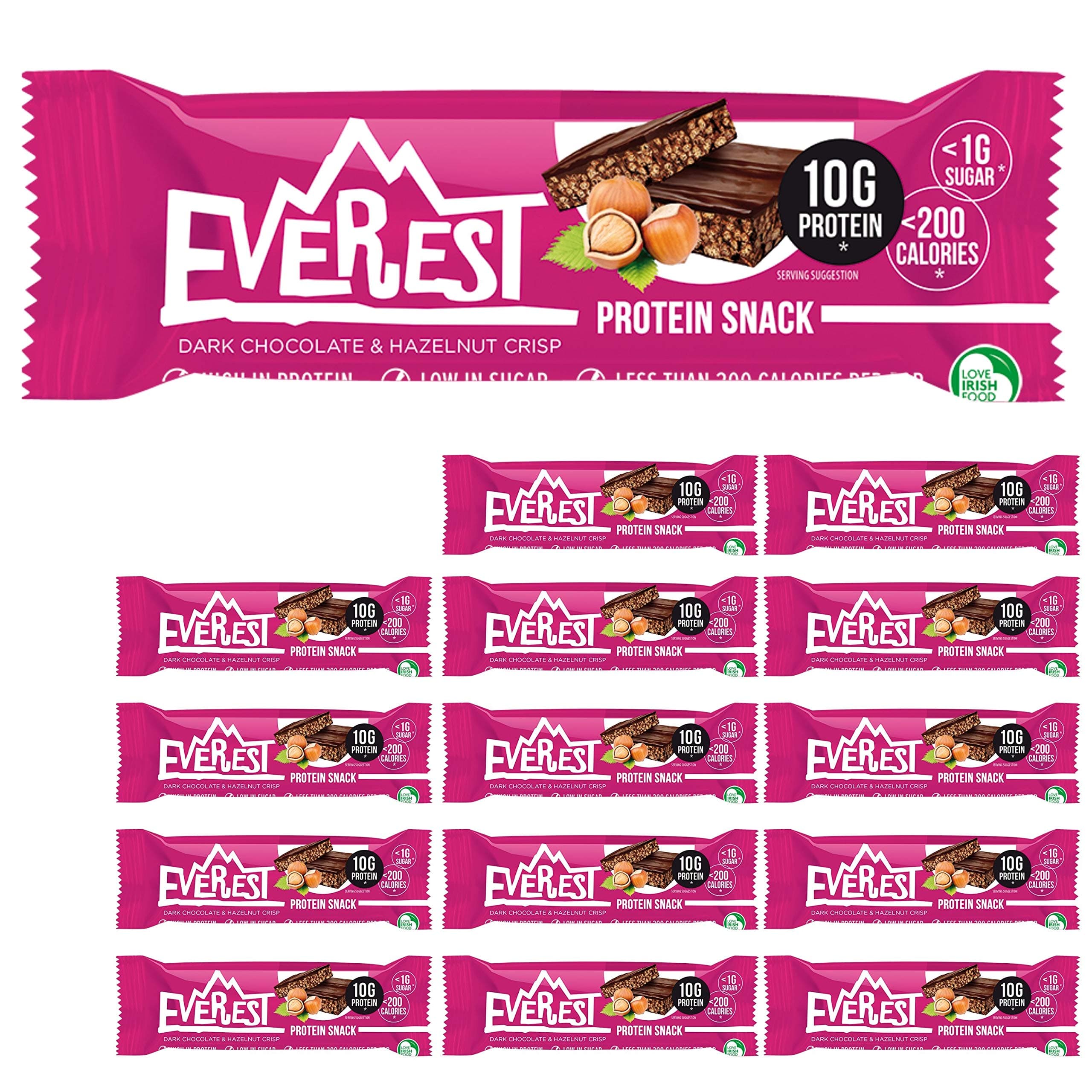 Everest Snacks Protein Snack - Healthy Protein Bars - Low Sugar, Low Calorie Guilt-Free Sports Bars - High in Fibre and Protein - 15 x 40g Protein Bars (Dark Chocolate & Hazelnut Crisp)