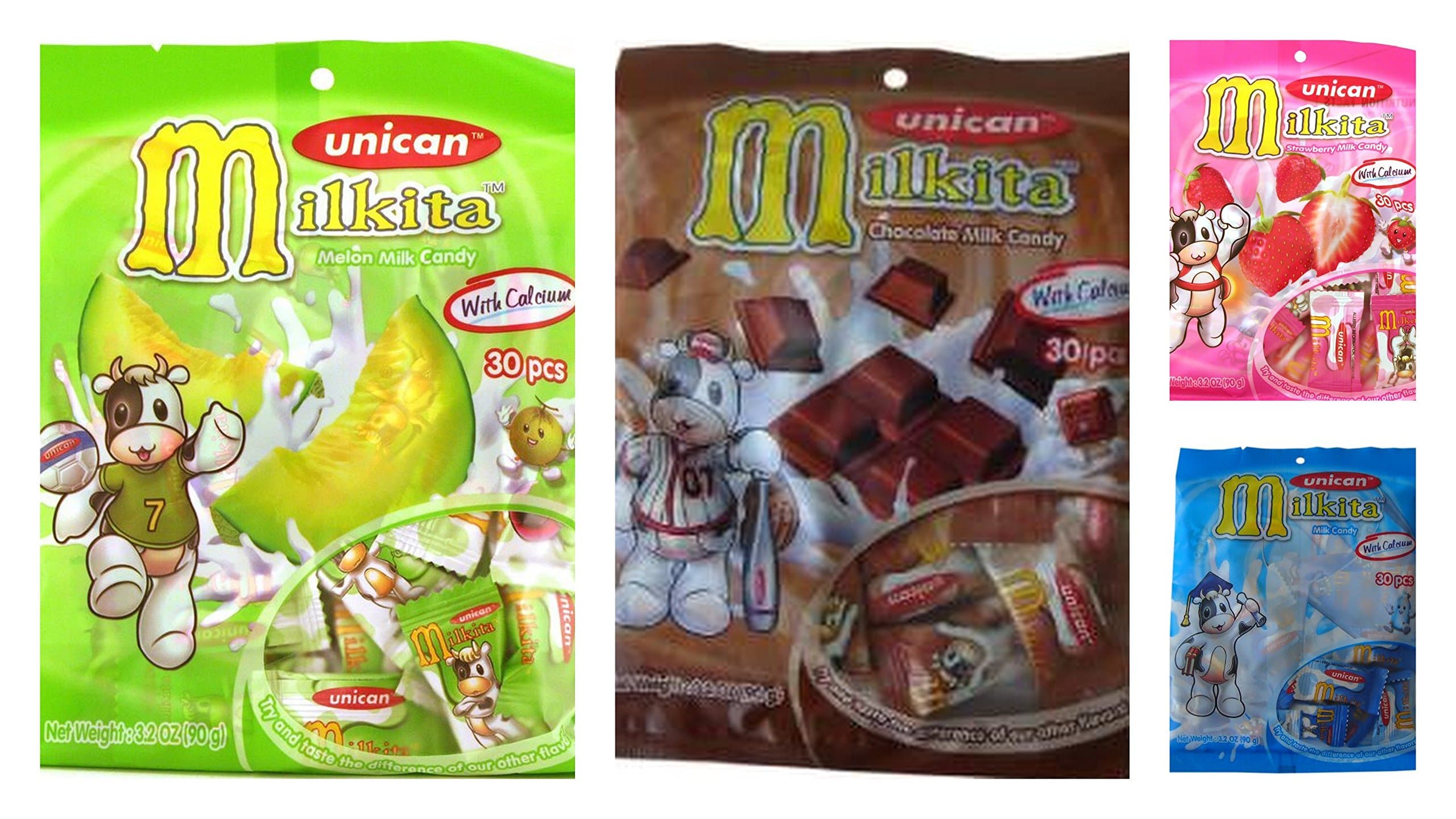 Unican Candy Milkita Variety Bundle, 4.23-Ounce Packages (Pack of 4) includes 1-Bag Chocolate + 1-Bag Vanilla + 1-Bag Melon + 1-Bag Strawberry (TOTAL 120 CANDY PIECES)
