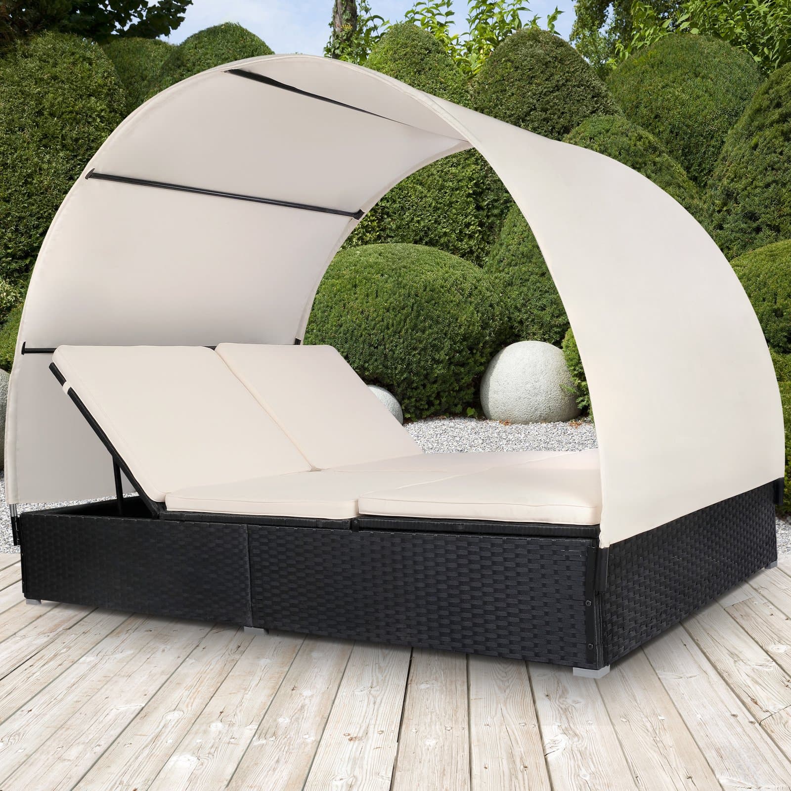 Miadomodo®® – Double Sun Lounger Black Polyrattan