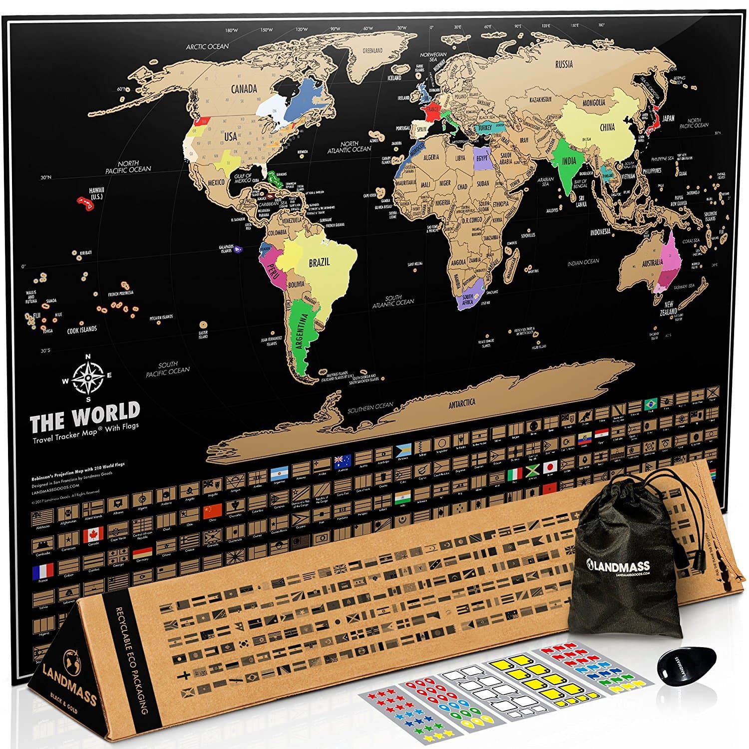 LANDMASS - Scratch Off World Map with Flags. Travel Tracker Map 43.18 X 60.96 Centimeter