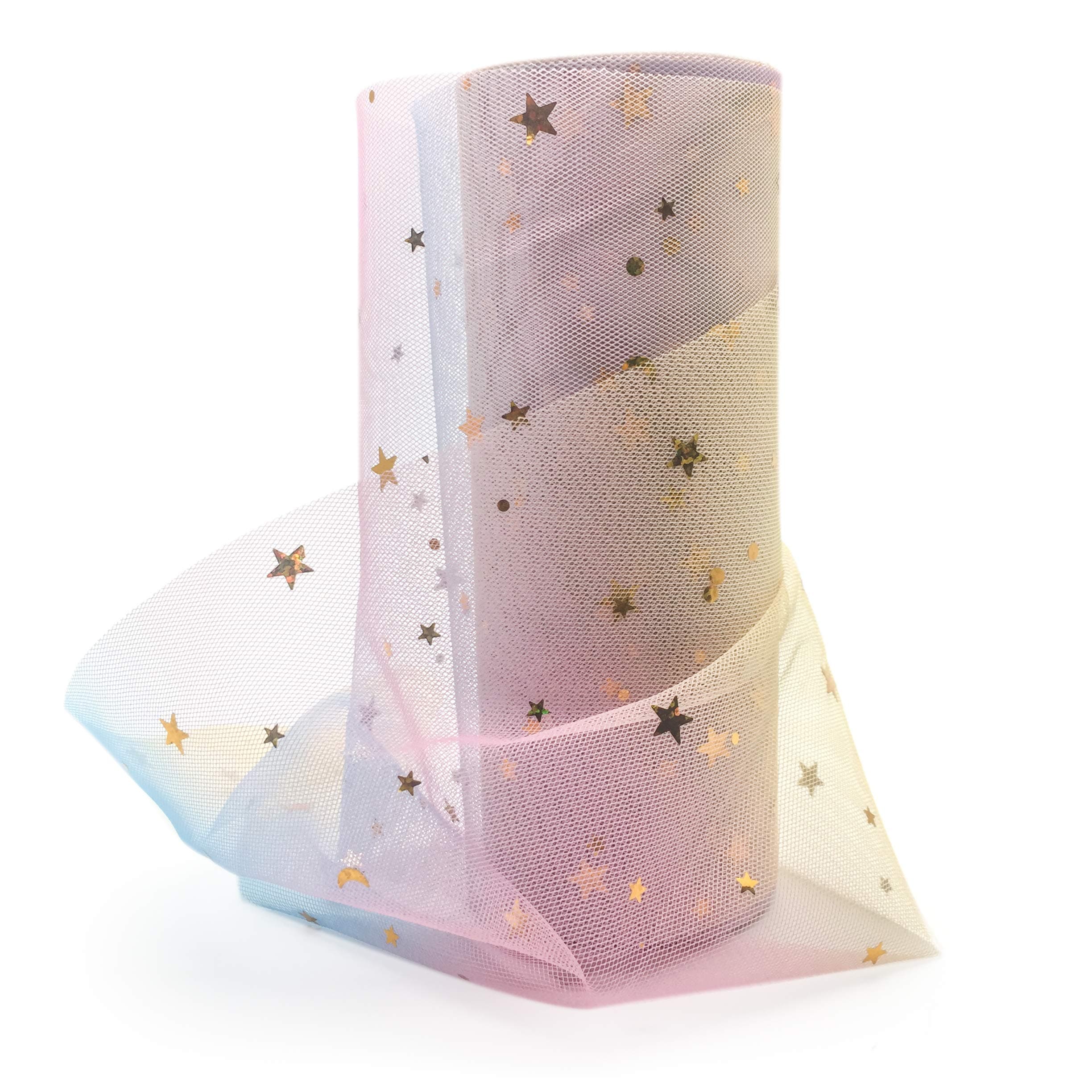 Craft Rainbow Sparkling Tulle Roll DIY Wedding Party Gift Bow Craft Sequin Fabric Spool Tutu Party Banquet Decor Gift Wrap 6" x 10Yards (Rainbow-Star Gold)