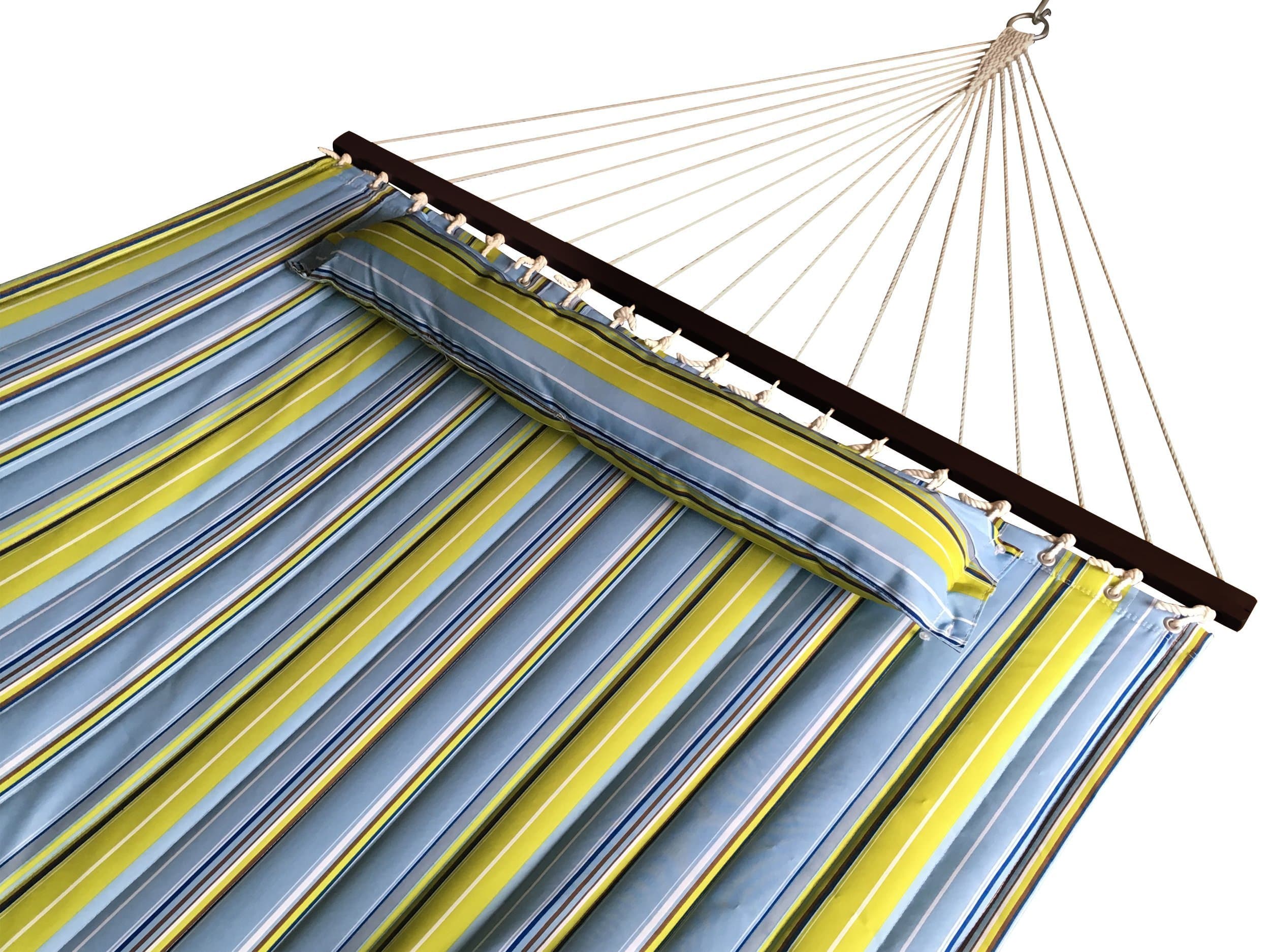 SueSport Doule Hammock Quilted Fabric with Pillow Double Size Spreader Bar Heavy Duty,New Blue/Green Pattern