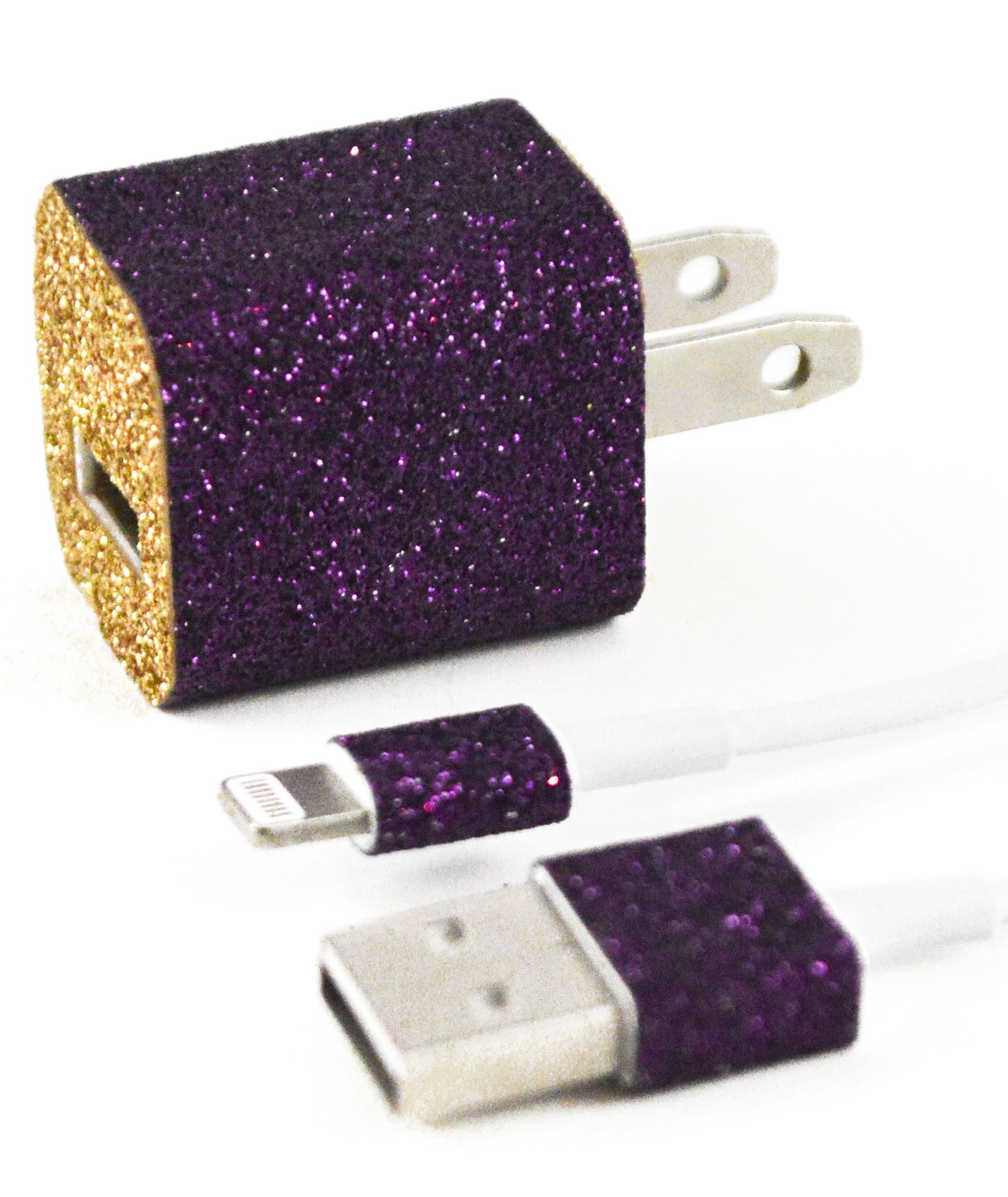 iPhone Charger Wrap Sticker - Glitter Textile (Purple/Gold)