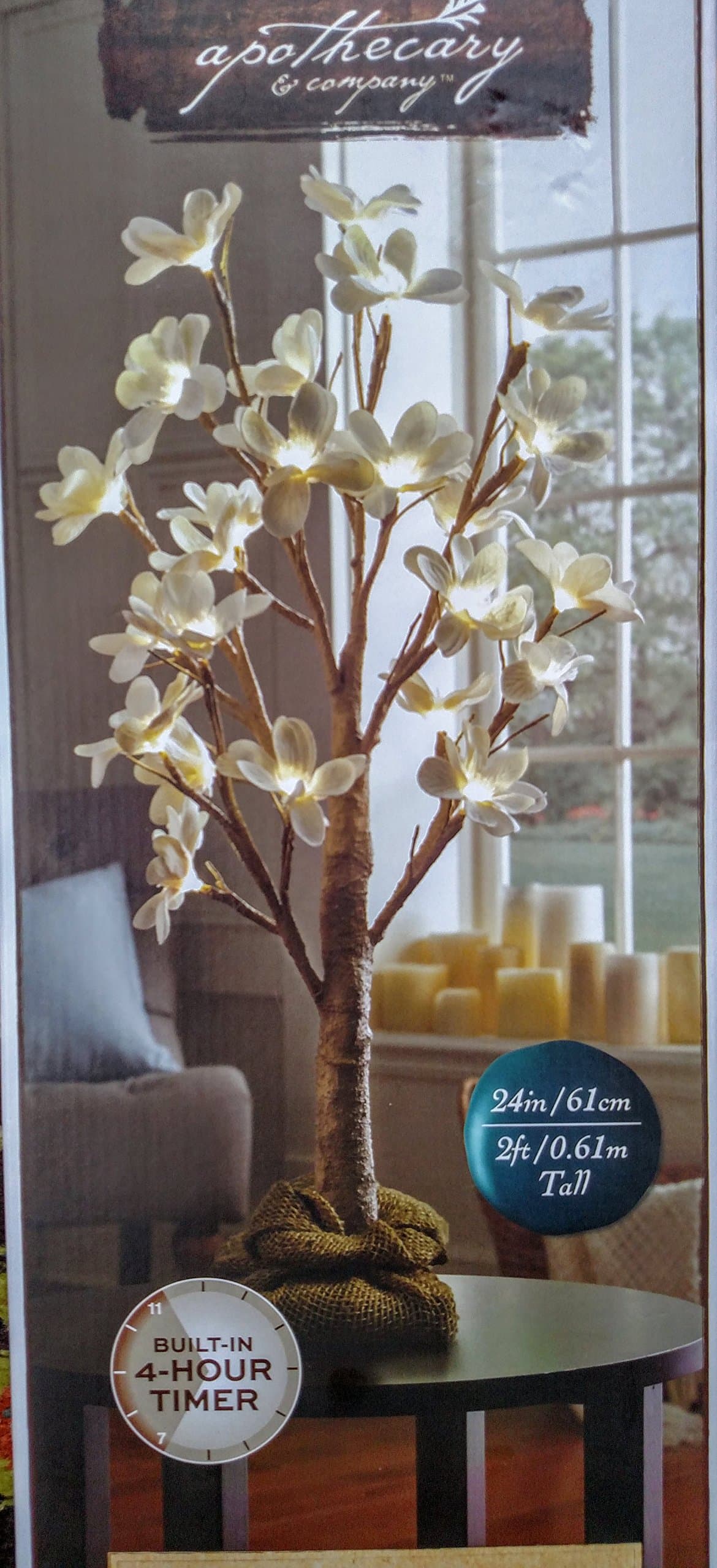 Magnolia Blossoms LED Tree with Wood Block Base, 2 ft. with Build in 4 Hour Timer