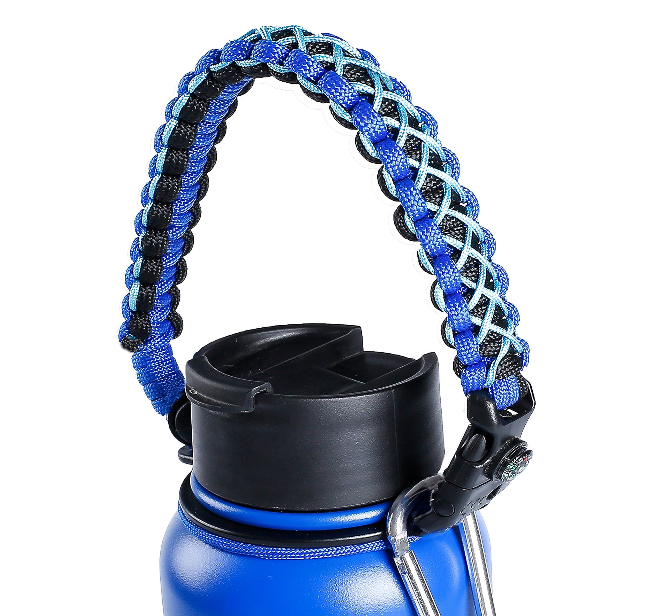 QeeLink Paracord Handle Compatible with Hydro Flask 1.0 Wide Mouth Water Bottles - Paracord Carrier Strap Cord with Safety Ring & Carabiner & Compass, 12oz - 64oz