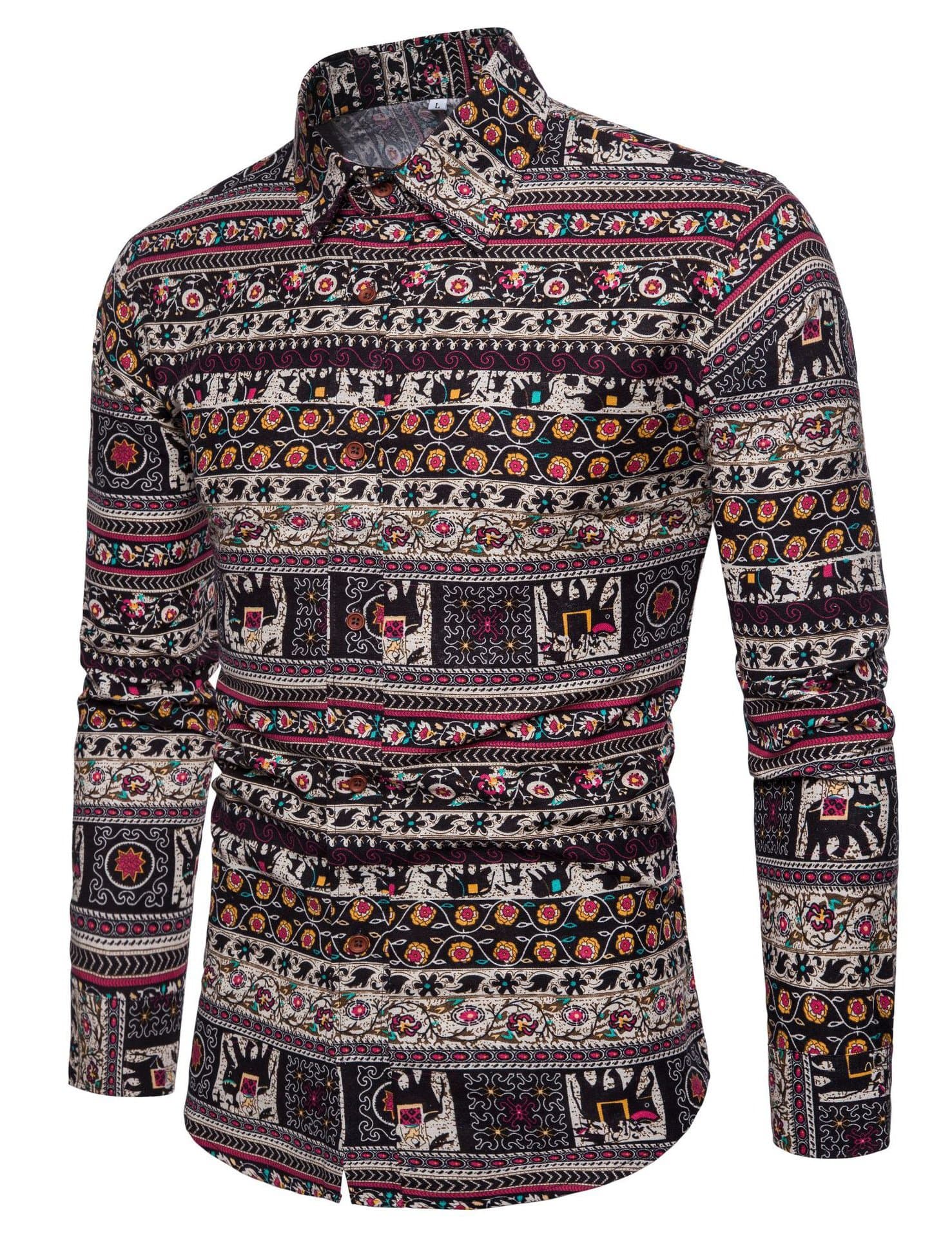 LEFTGU Men's Printed Long Sleeve Slim Fit Button-Down Multicolored Linen Casual Shirts