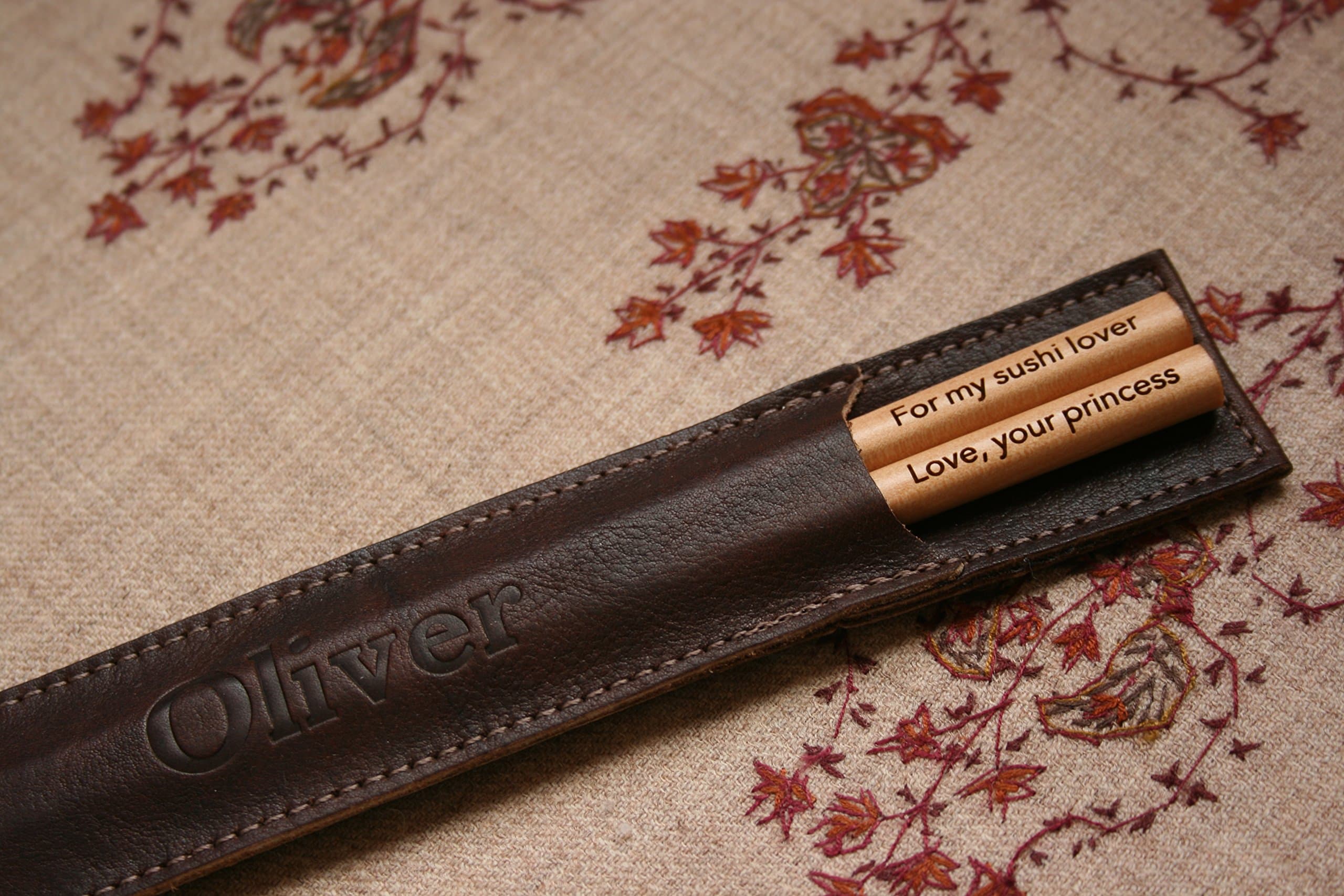 Personalized Engraved Chopsticks and Imprinted Leather Holder