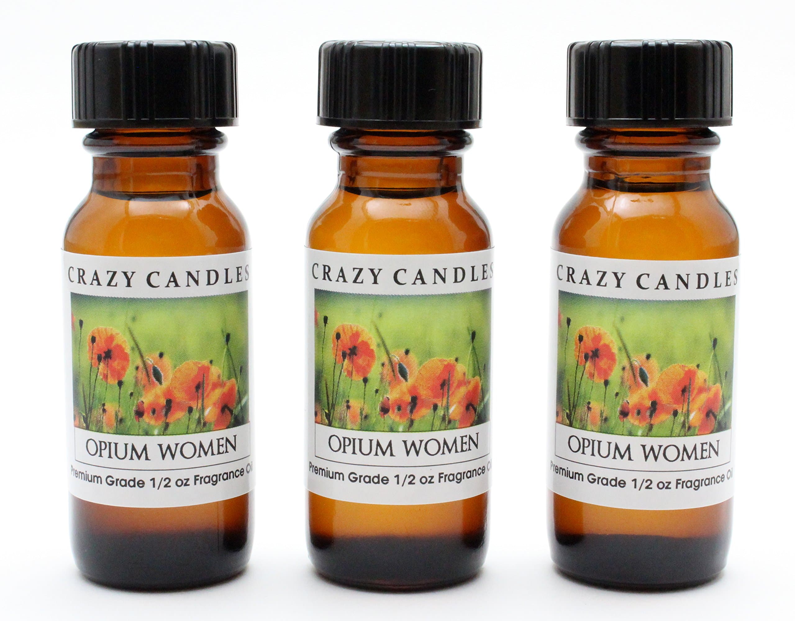 Opium Women 3 Bottles 1/2 Fl Oz Each (15ml) Premium Grade Scented Fragrance Oil By Crazy Candles (Clove, Lily of the Valley, Rose, Sandalwood)