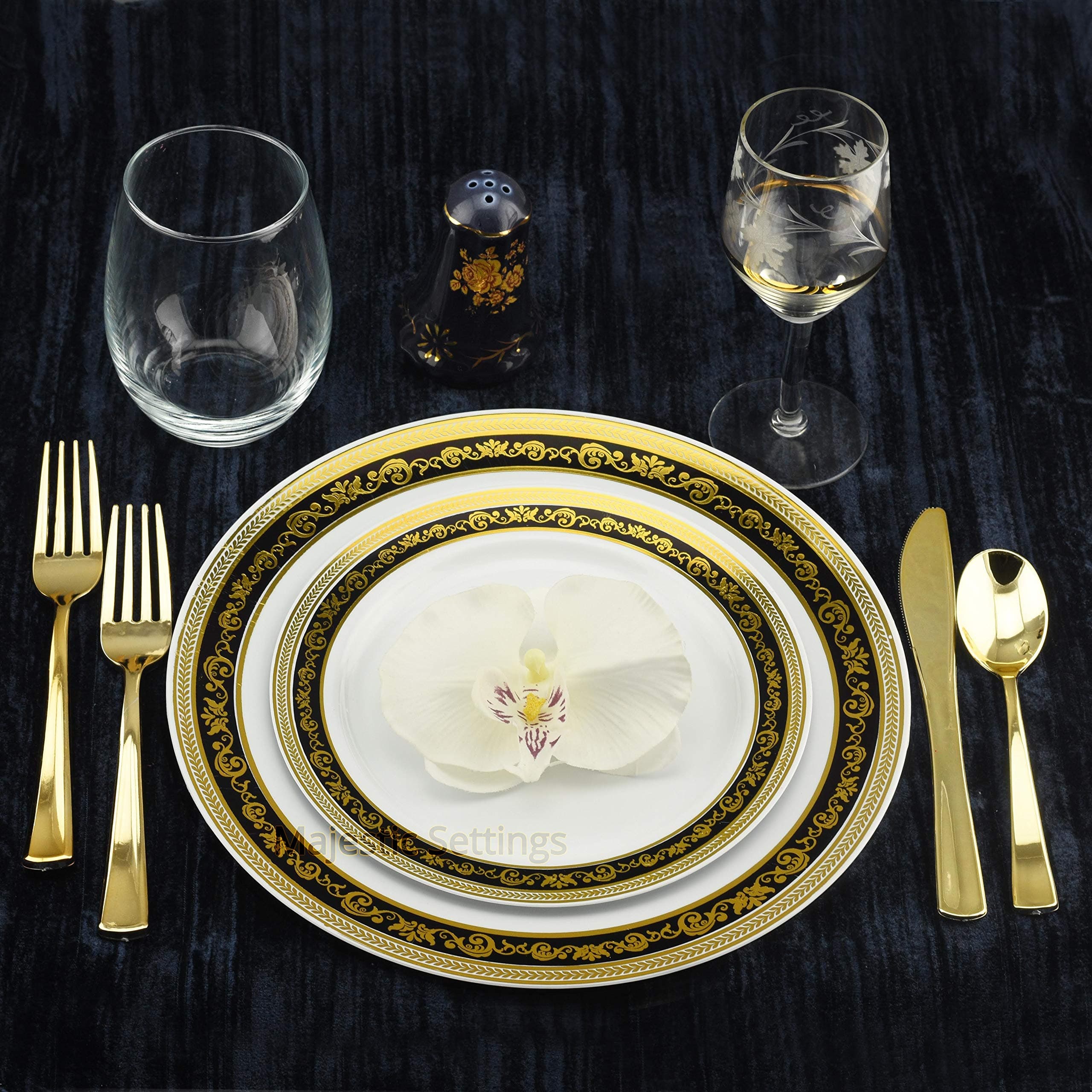 Set of 40 Disposable Dinner Plates Bundle Combo | Premium Quality Firm White Plastic | Elegant Gold on Black Designed…