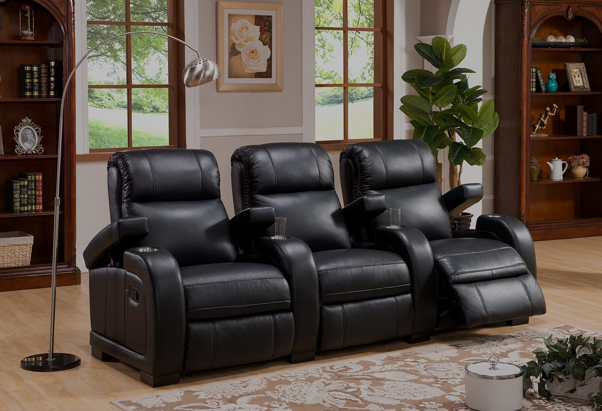 Hydeline 3 Seats Set Home Theater Leather Recliner with Console & Cup Holders, Black
