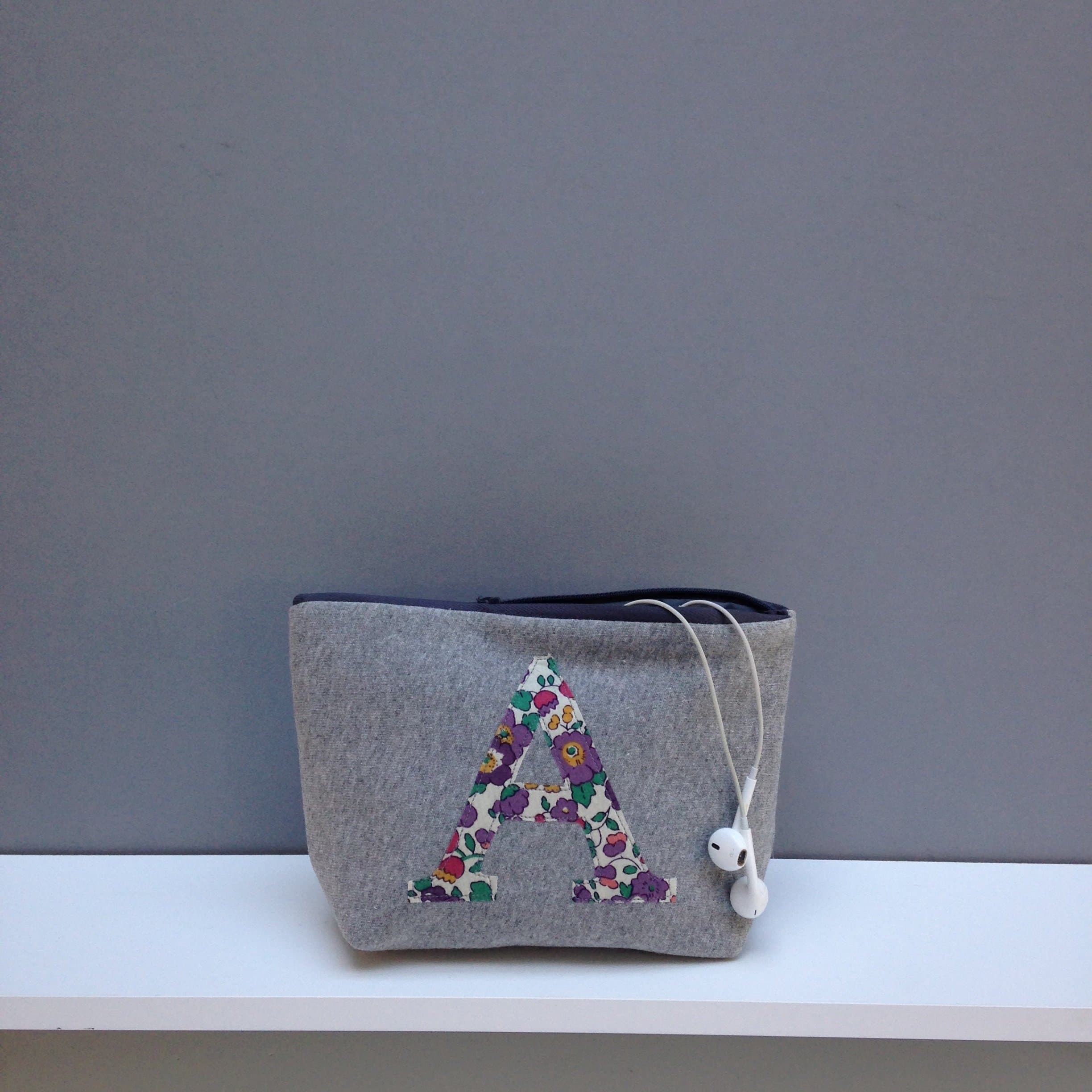 Grey Jersey Liberty Print Personalized Applique Zip Pouch