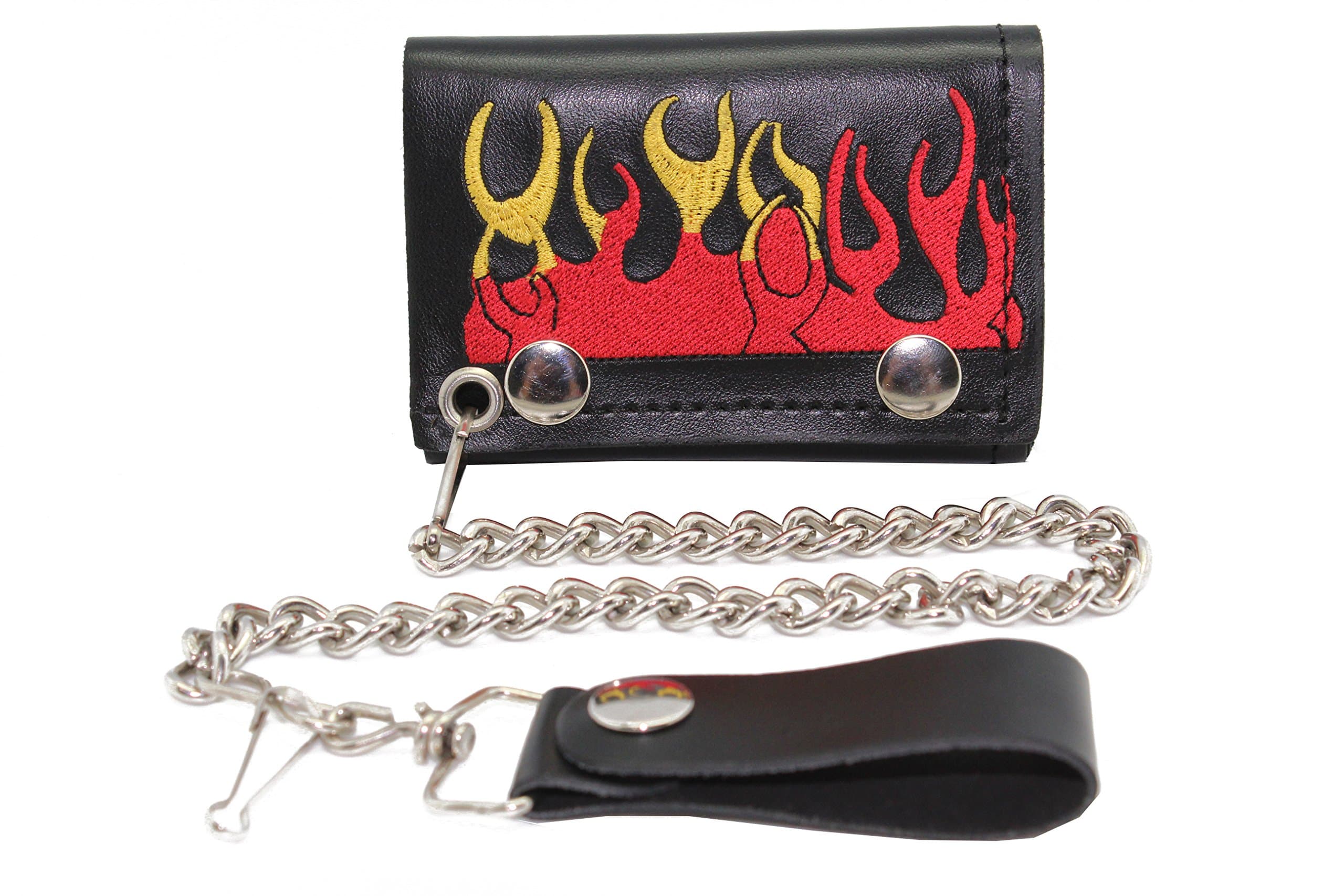 Men's Cruiser Biker Leather Ti-Fold Chain Wallet Trucker Flame Embroidery (Black Flame with Chain)