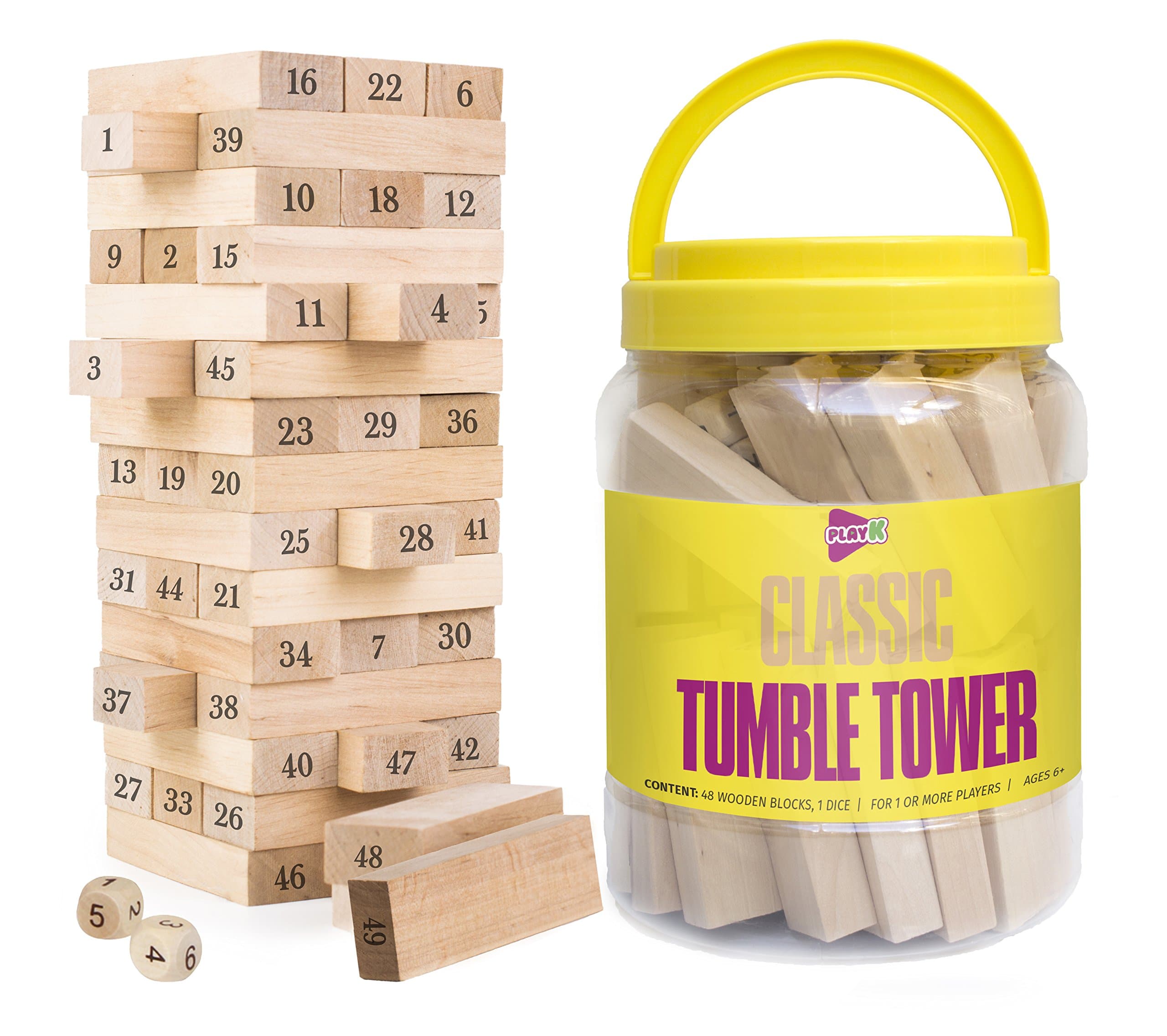 Play K Classic Tumble Tower Wooden Stacking Blocks Drinking Game Fun Entertainment with Plastic Container. Great Gift idea