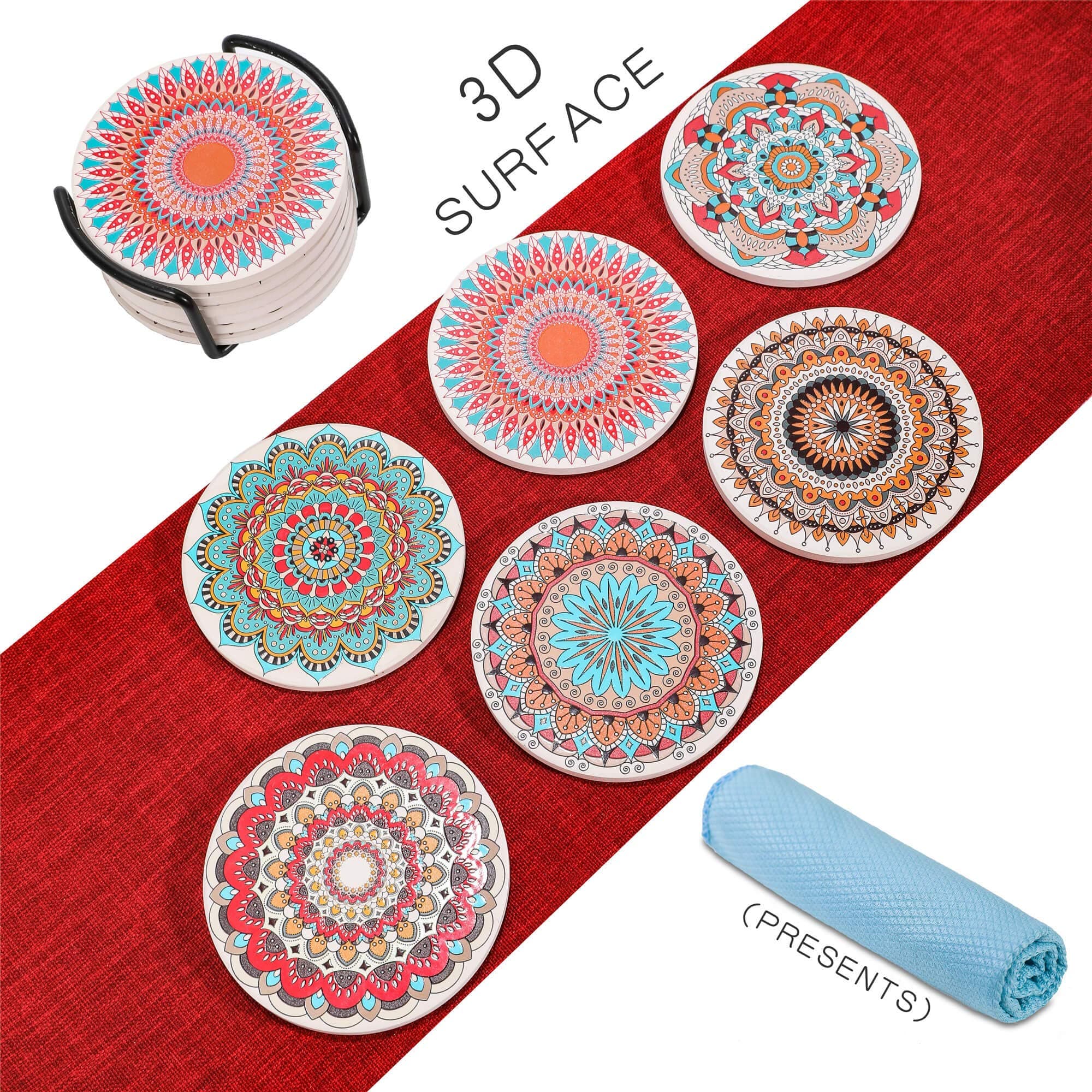 NEKLJJ Cork Stone Coasters for Drinks Absorbent - Cup Coasters with Holder,3D Relief Texture on The Surface of Coasters,Prevent Furniture from Dirty and Scratched, Set of 6