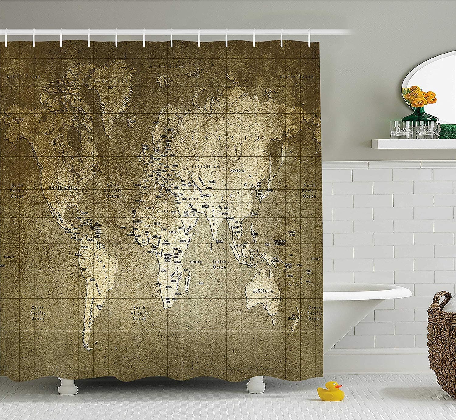 Antique Decor Shower Curtain Set, Old World Map With Great Texture Nostalgic Ancient Plan Atlas Trace Of Life World Print, Bathroom Accessories, 60W X 72L Inches, Khaki Beige