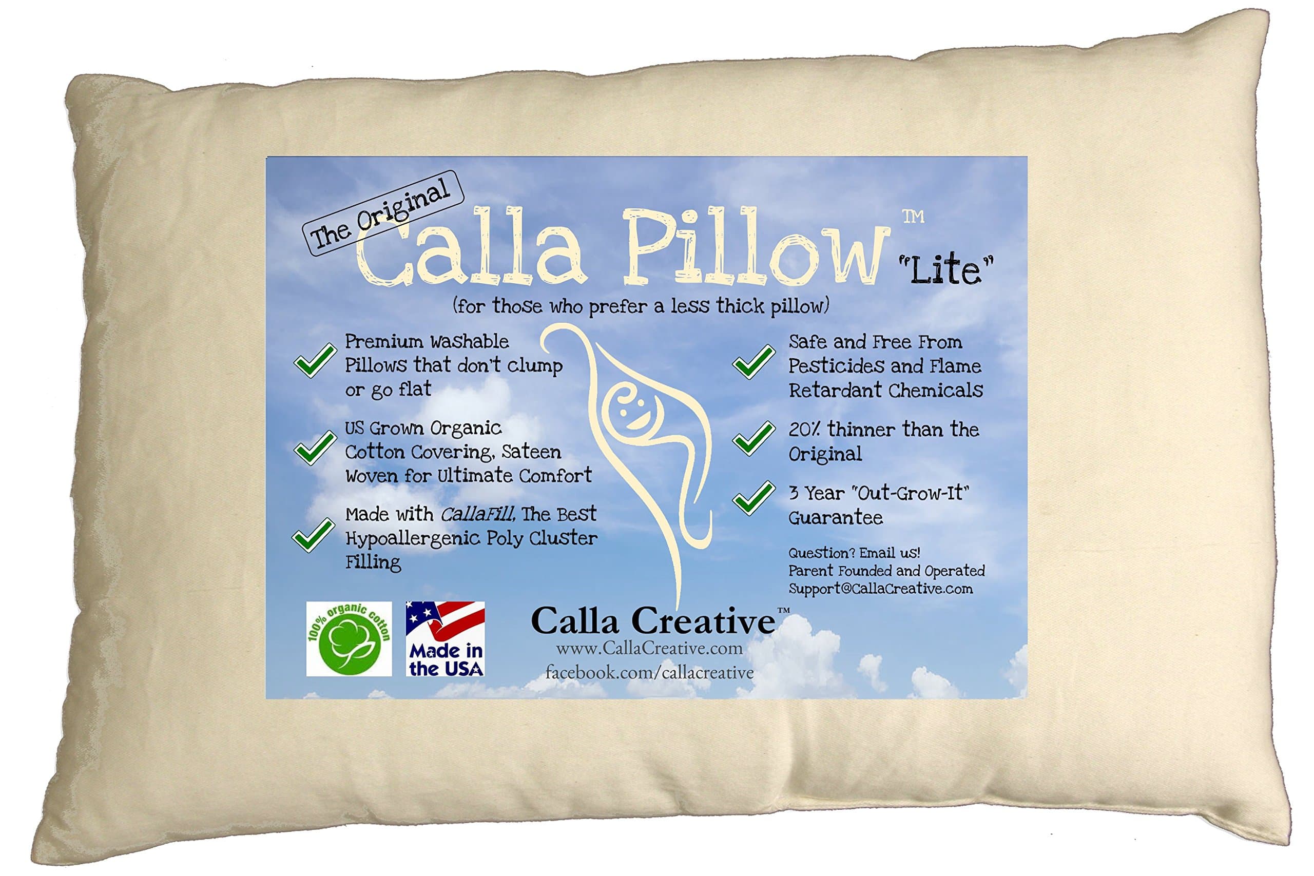 Calla Pillow Lite - 20% Less Fill - Worlds Best Washable Pillows Covered in Soft Organic Cotton - 3 Year Guarantee