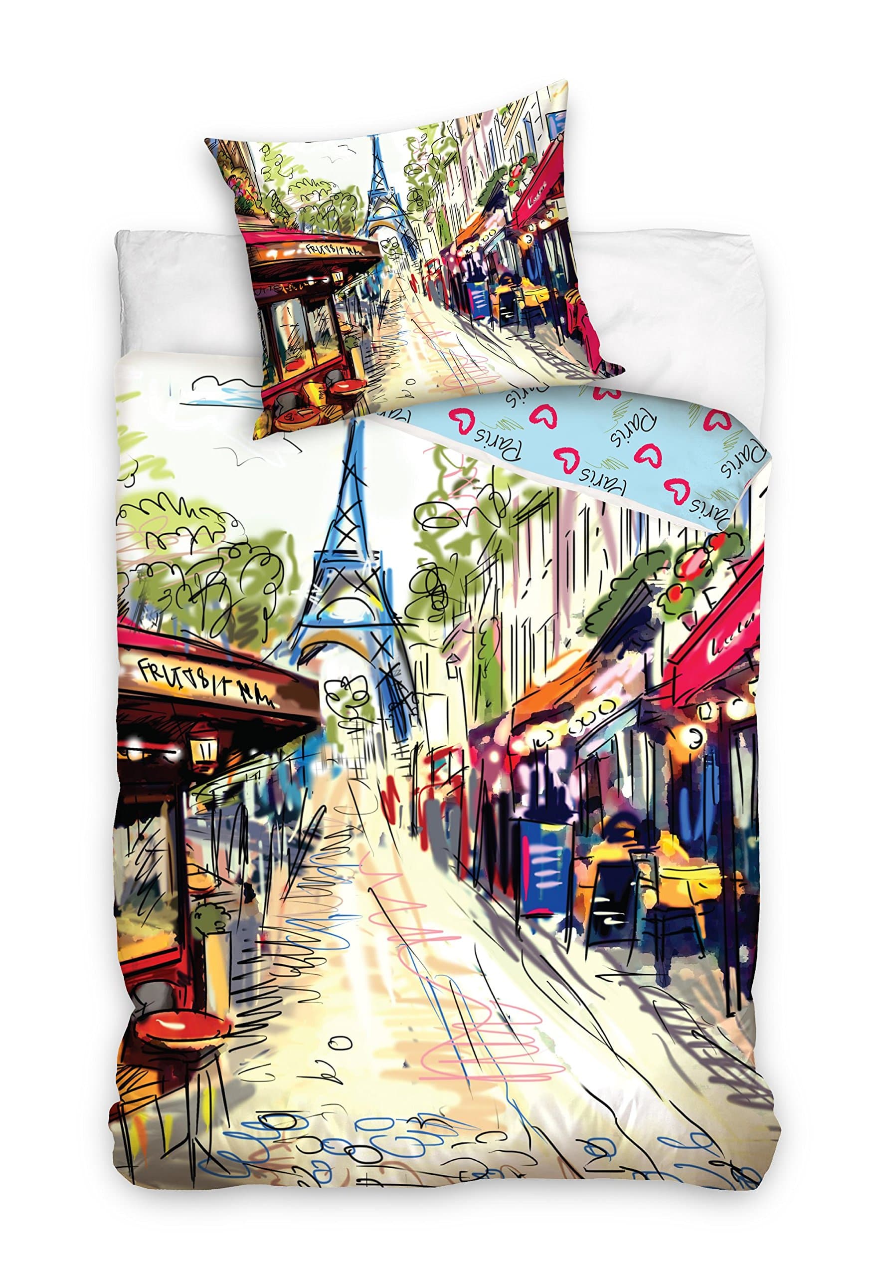 Paris Eiffel Tower Bed Linen Duvet Cover 160 x 200 cm + 70 x 80 cm Pillowcase, Decorative Idea, 100% Cotton Novelty Collection Paris City