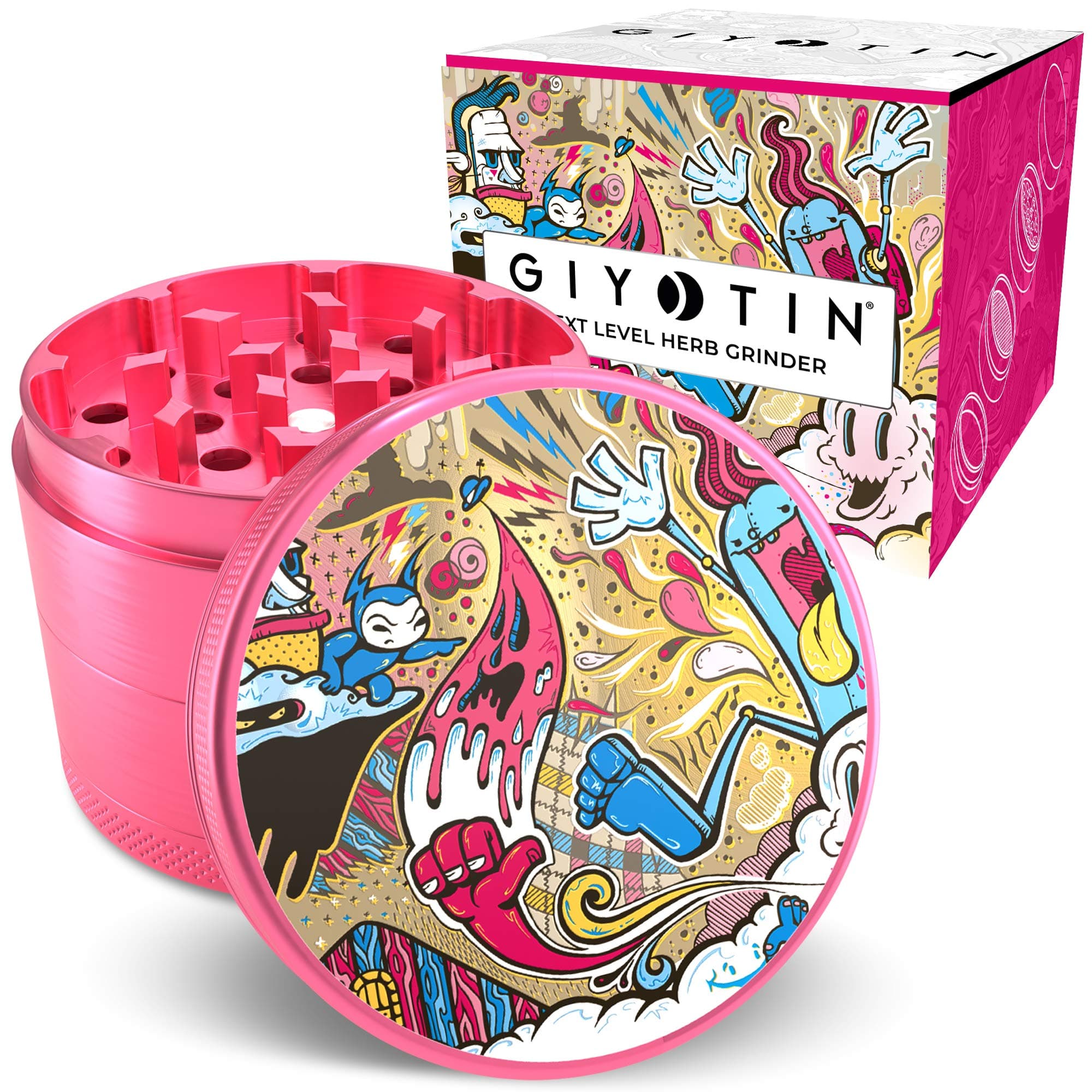 Giyotin 4 Piece Spice Herb Grinder includes Pollen scraper and Travel bag. 2.2" Anodised Aluminum Grinder (2.2 inch, Pink)