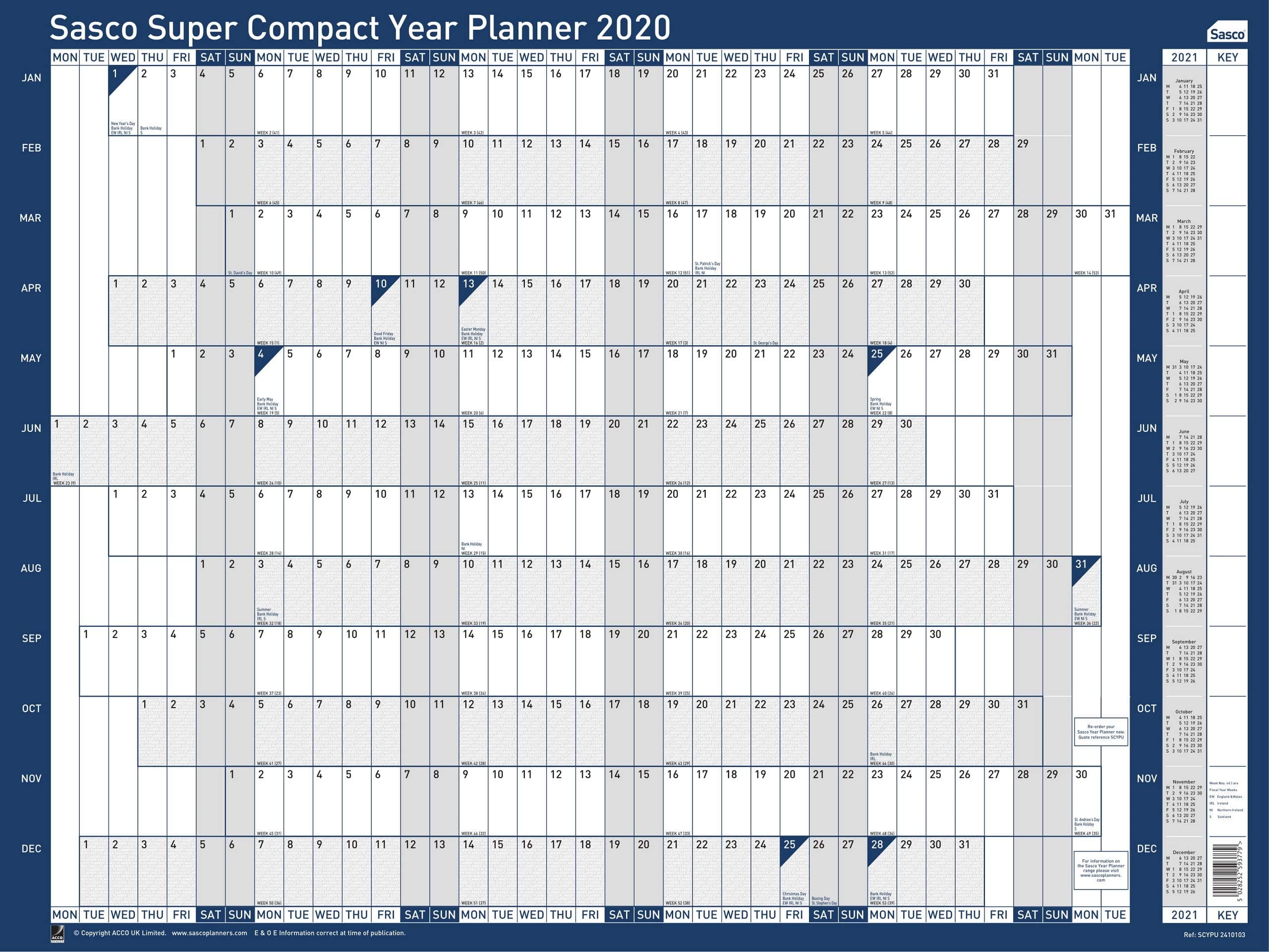 Sasco 2410103 2020 Super Compact Poster Style Year A1 Wall Planner with Wet Wipe Pen & Sticker Pack