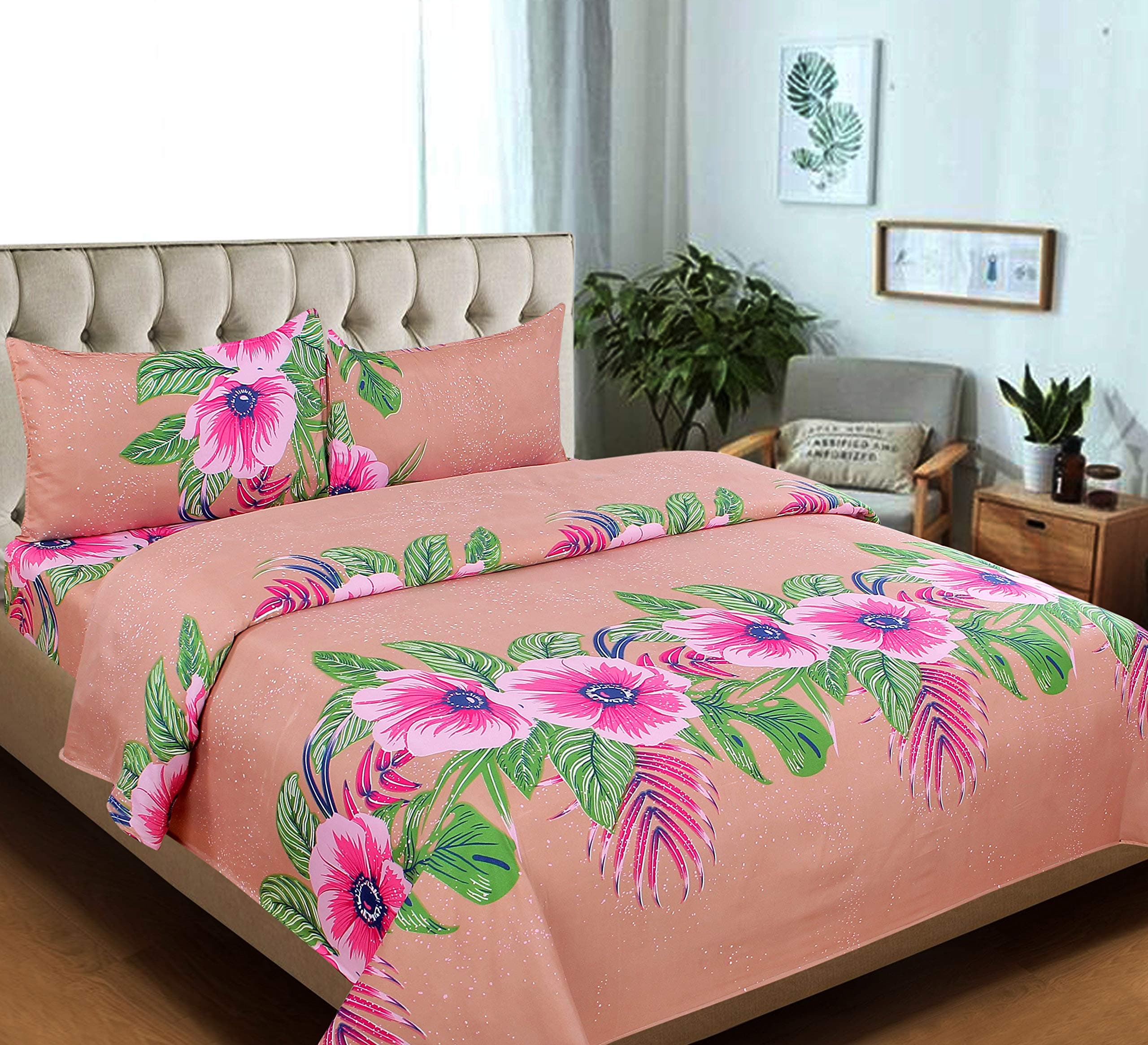 Cozyland 180 TC Polyester Double Bedsheet with 2 Pillow Covers - Floral, Peach