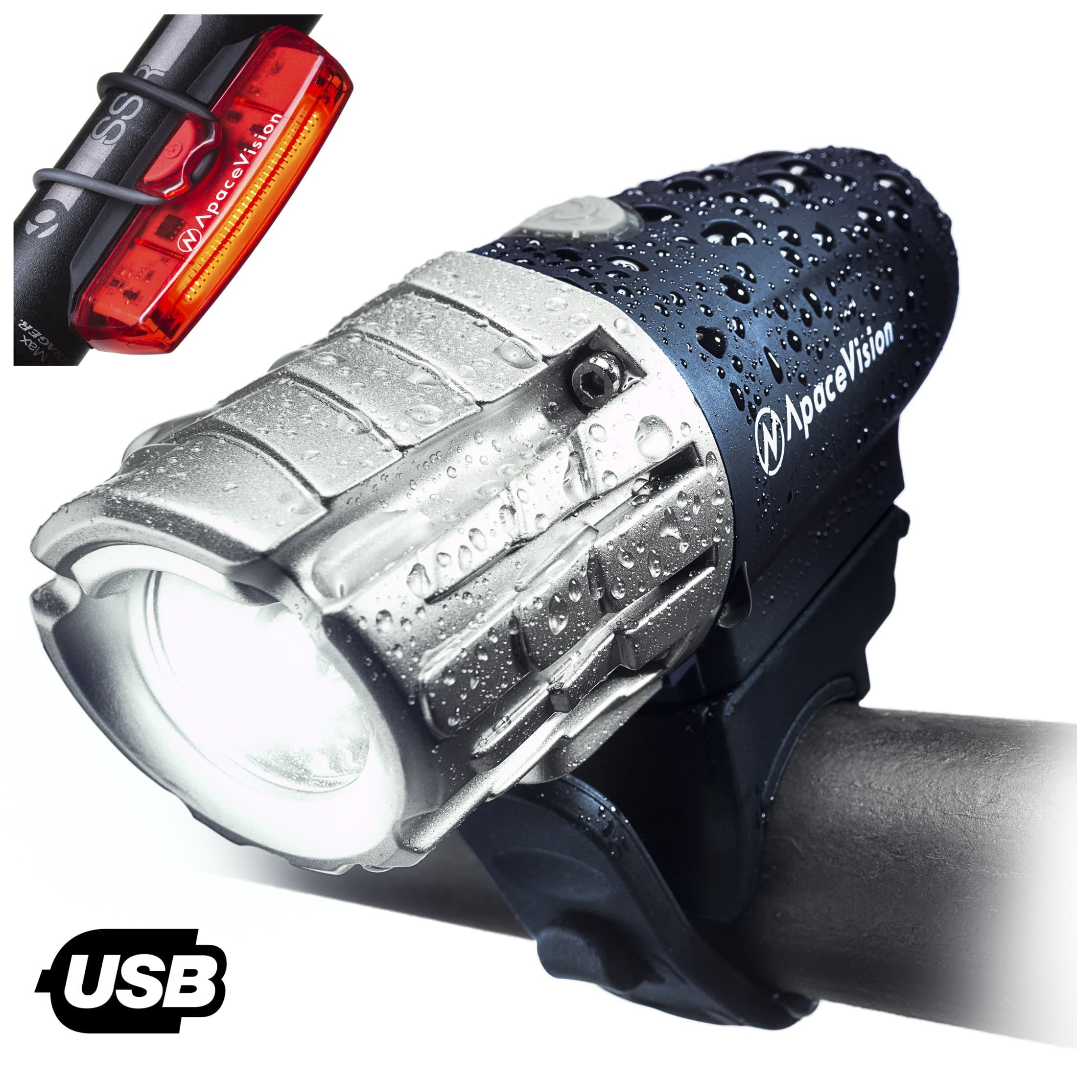 Eagle Eye USB Rechargeable Bike Light Set by Apace - Powerful 300 Lumens LED Bicycle Headlight and Tail Light - Super Bright Front Light & Rear Light for Optimum Cycling Safety