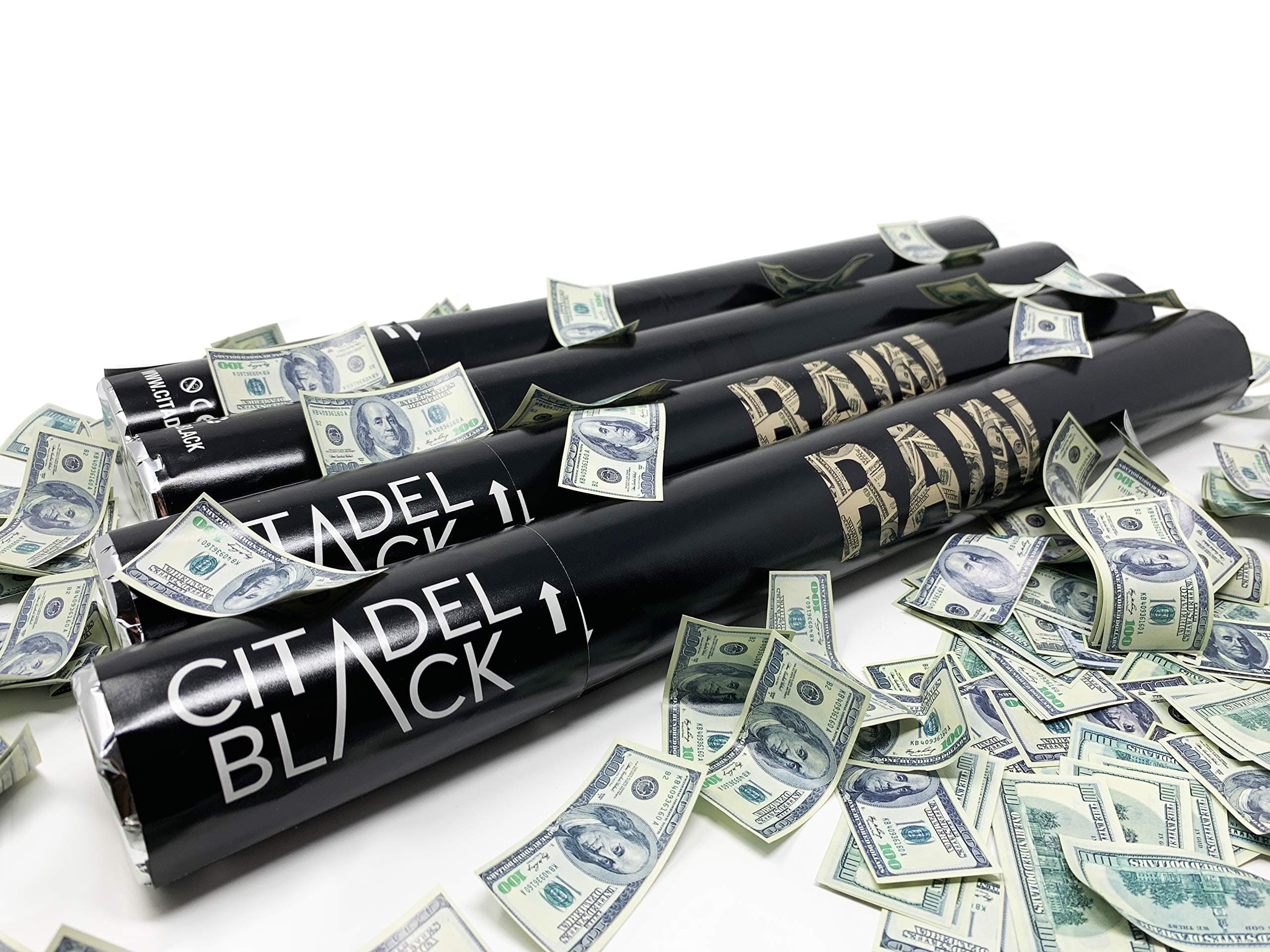 Make it Rain 18 inch Confetti Cannon (4 Pack) by Citadel Black - 100 Dollar Bills Biodegradable Confetti Pieces, Large Party Popper, Confetti Shooter, Compressed Air, 16 Foot Range