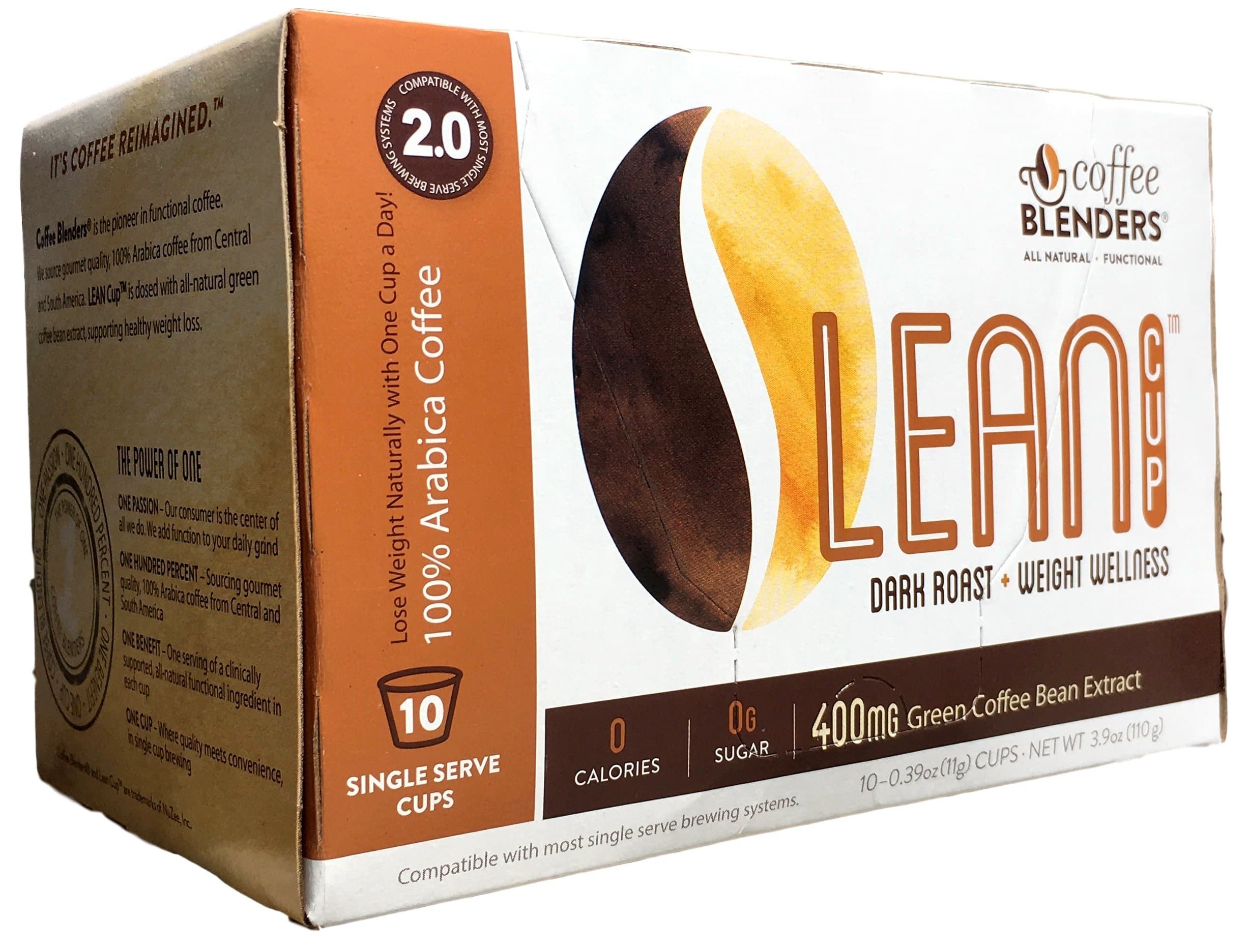 Coffee Blenders Lean 2.0 Single Serve Cups 10 Count with All Natural Green Bean Coffee Extract for Weight Loss