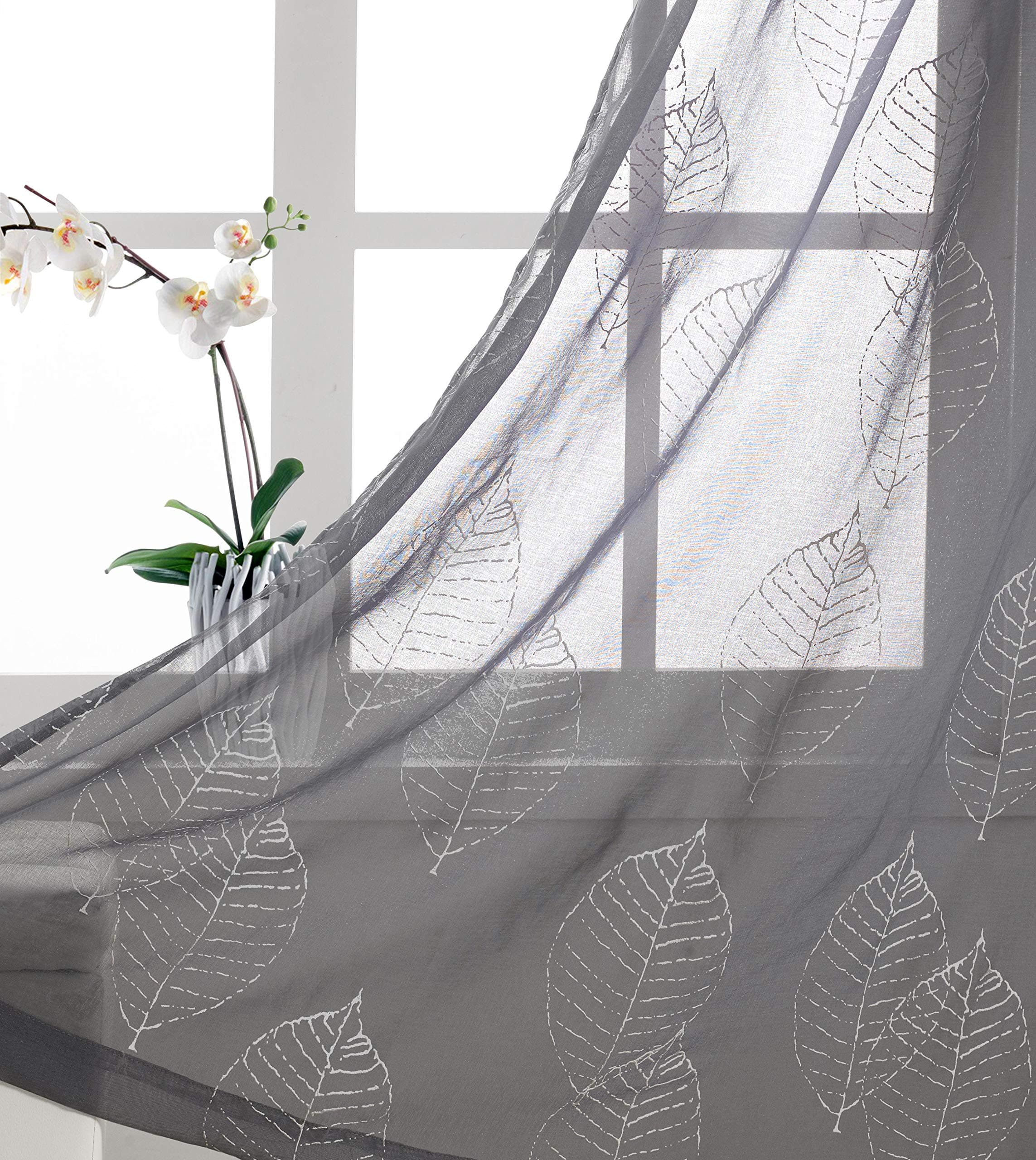 Grey Short Window Drapes with White Disperse Printing Leaves Patterns for Nursery Eyelet / Rings Top 2 Panels 84 inch Length Thin and Soft Cute and Big leaf floral Curtains for Living Room