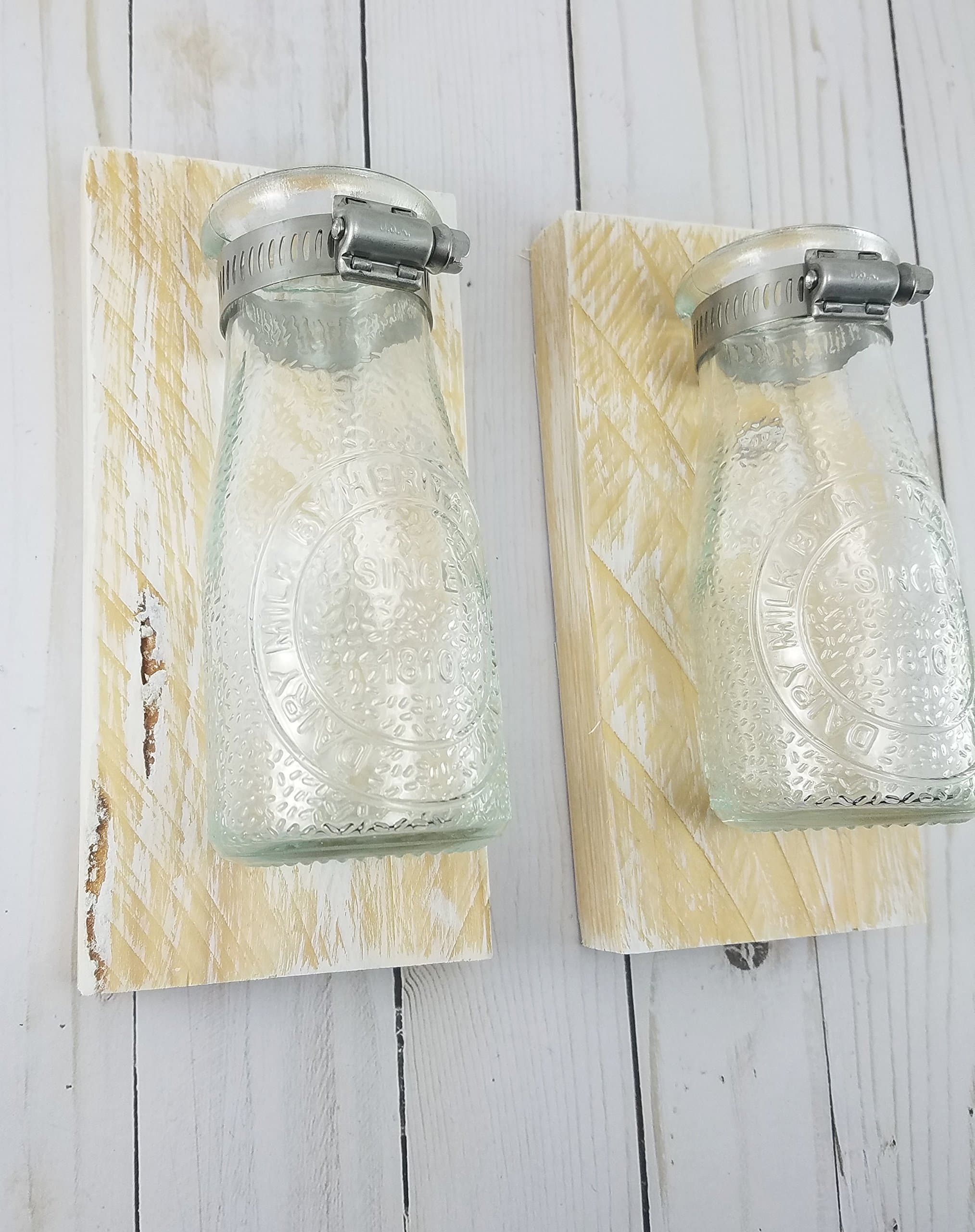 Reclaimed Wood Wall Decor - Whitewashed Wall Decor - Milk Bottle Bud Vase - Wall Vase - Farmhouse Home Decor - Bathroom Wall Decor - Wall Sconce Set of 2 - Wall Decor
