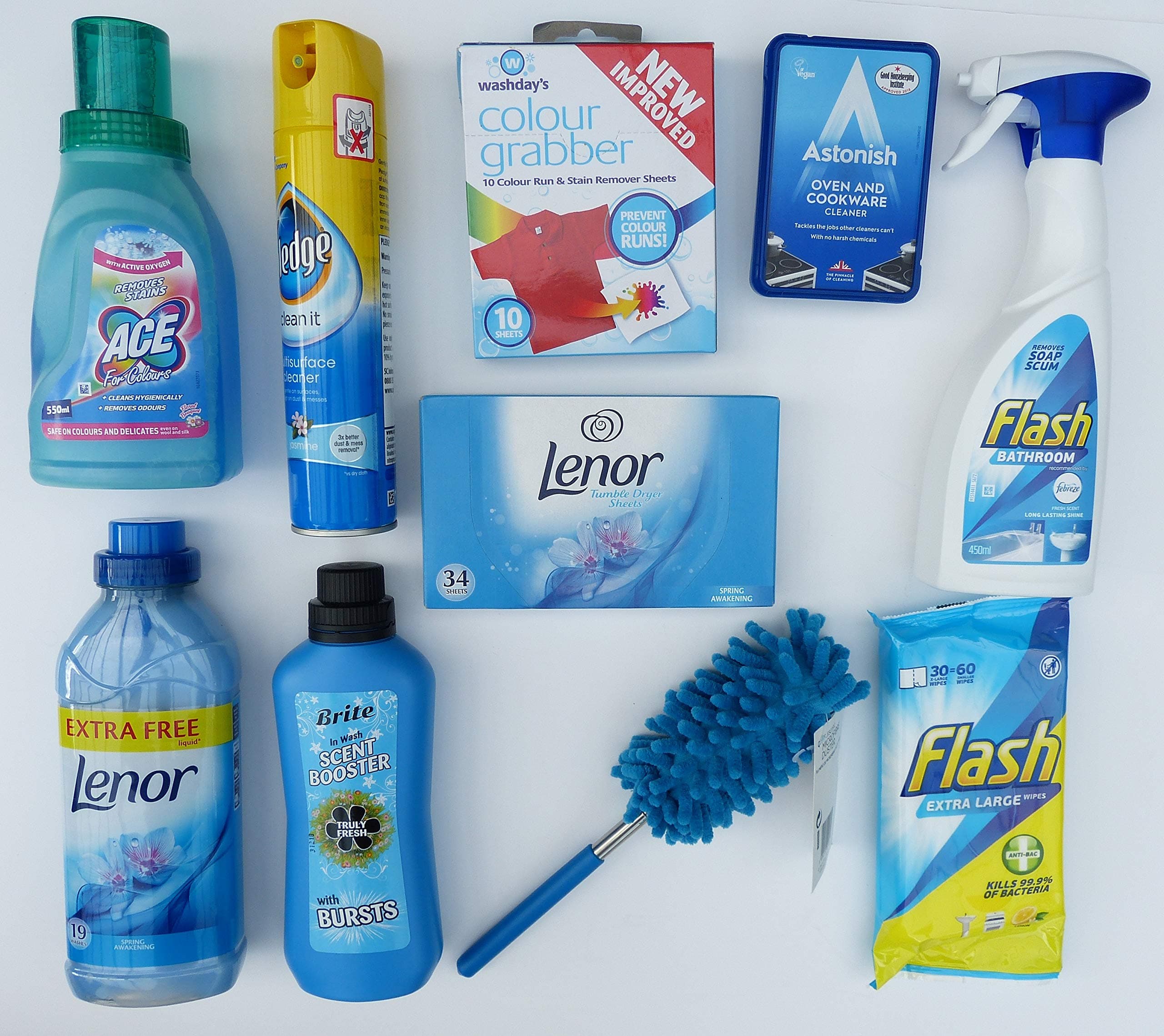 Mrs Hinch Blue Cleaning Bundle - Lenor, Flash, Pledge, Ace Colours etc - 10 pk