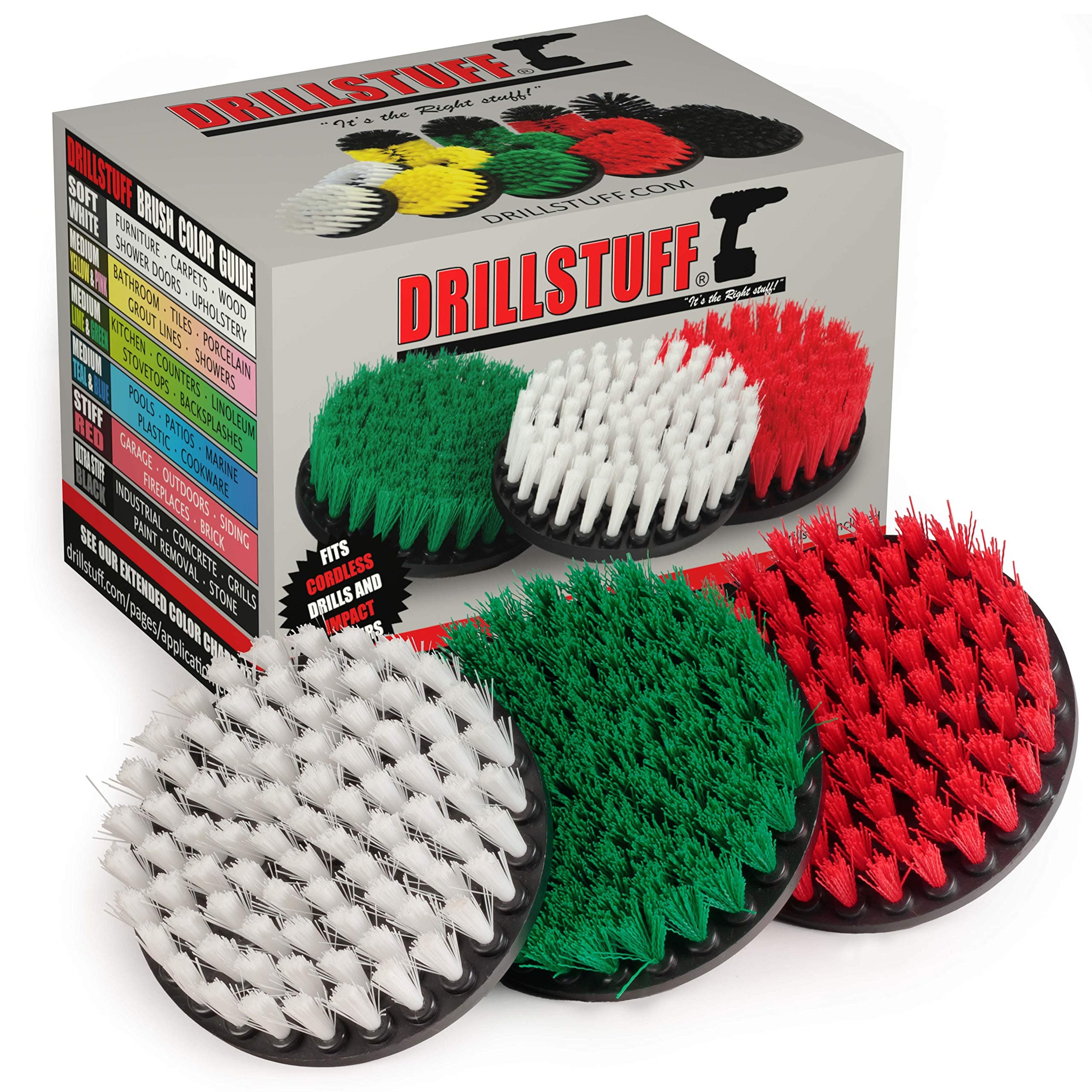 3 Piece Soft, Medium and Stiff Power Scrubbing Brush Drill Attachment for Cleaning Showers, Tubs, Bathrooms, Tile, Grout, Carpet, Tires, Boats by DrillStuff
