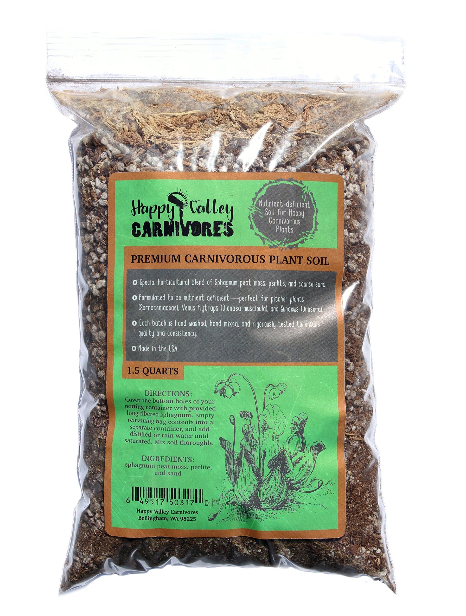 Premium Carnivorous Plant Soil for Venus Flytrap (Dionea), Pitcher Plant (Sarracenia), and Sundew (Drosera), with Sphagnum Peat Moss, Perlite, and Coarse Sand, by Happy Valley Carnivores (1.5 Quarts)