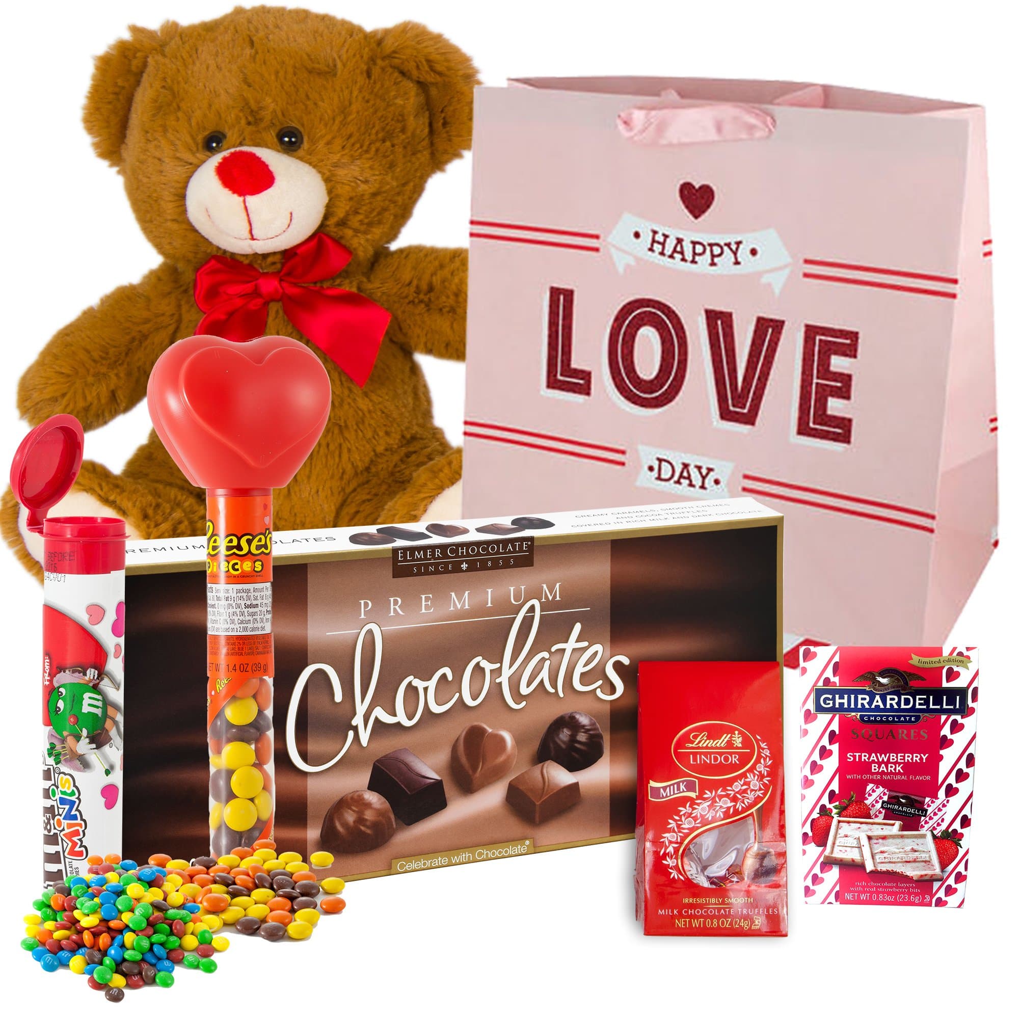 Valentines Day Gift Basket Set | 12 Inch Teddy Bear Plush, Lindor Milk Truffles, Hershey Reeses Pieces, Ghirardelli Strawberry, Elmer Sampler Chocolate, M&M Minis Tube & V-Day Gift Bag (Brown)