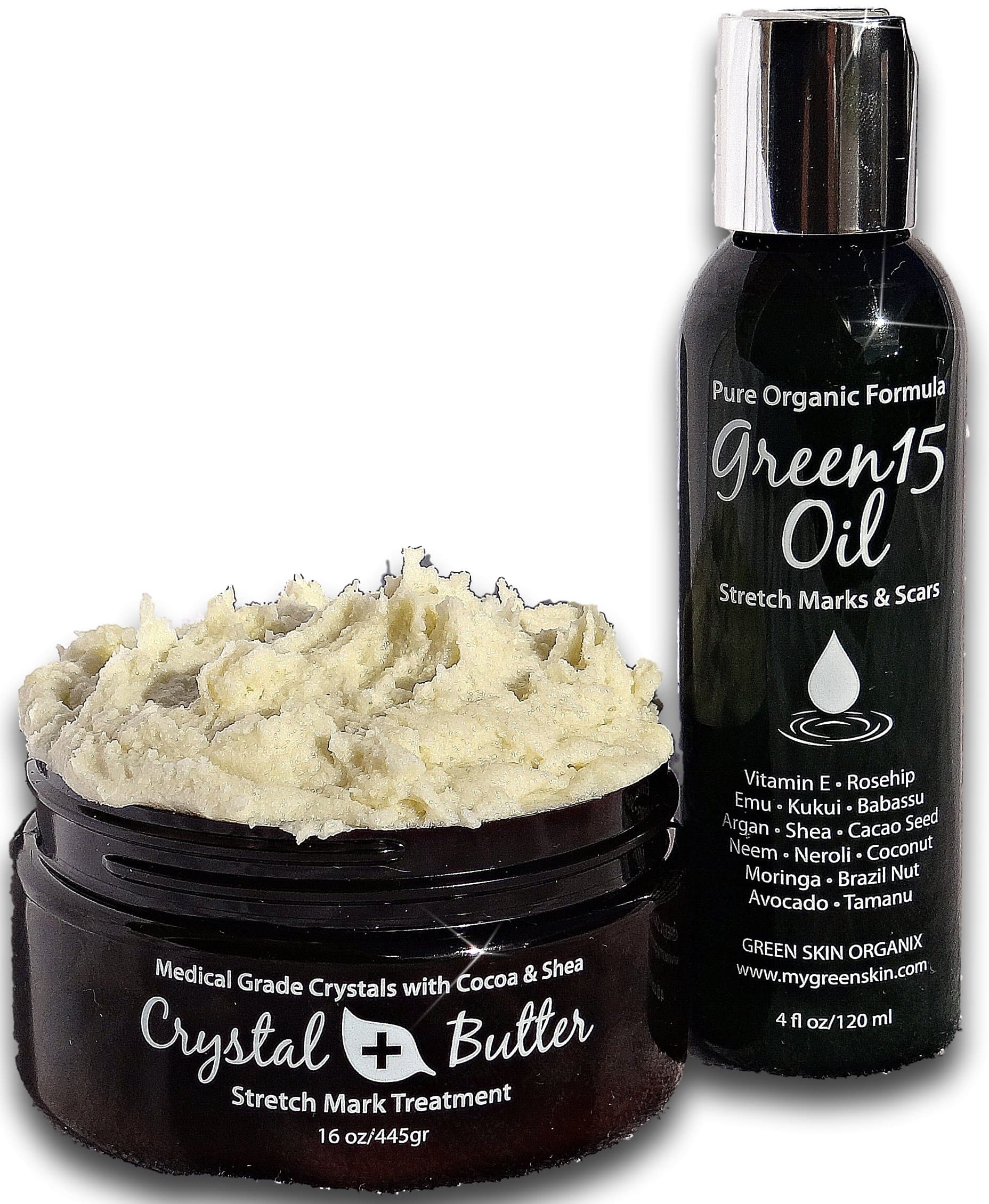 Microdermabrasion Complete KIT for STRETCH MARKS- Crystal Butter & Green15 Oil Raw Cocoa Butter +organic 15 natural oils blend