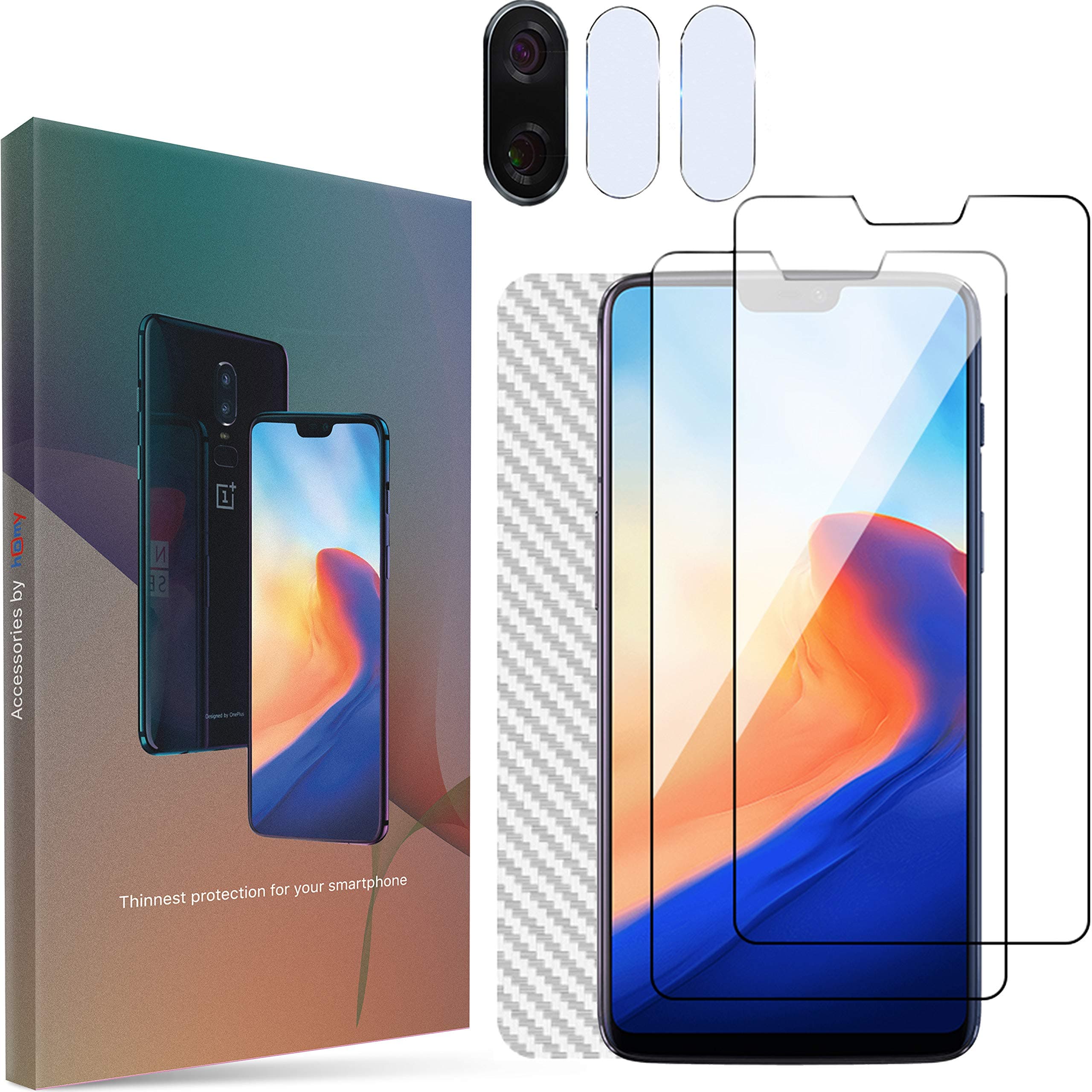 Homy Compatible OnePlus 6 Screen Protector (x2) + Back Carbon Fiber + Camera Lens Cover (x2) - Full Protection Kit - Premium Japanese Tempered Glass - Anti Fingerprint - Touch Sensitive