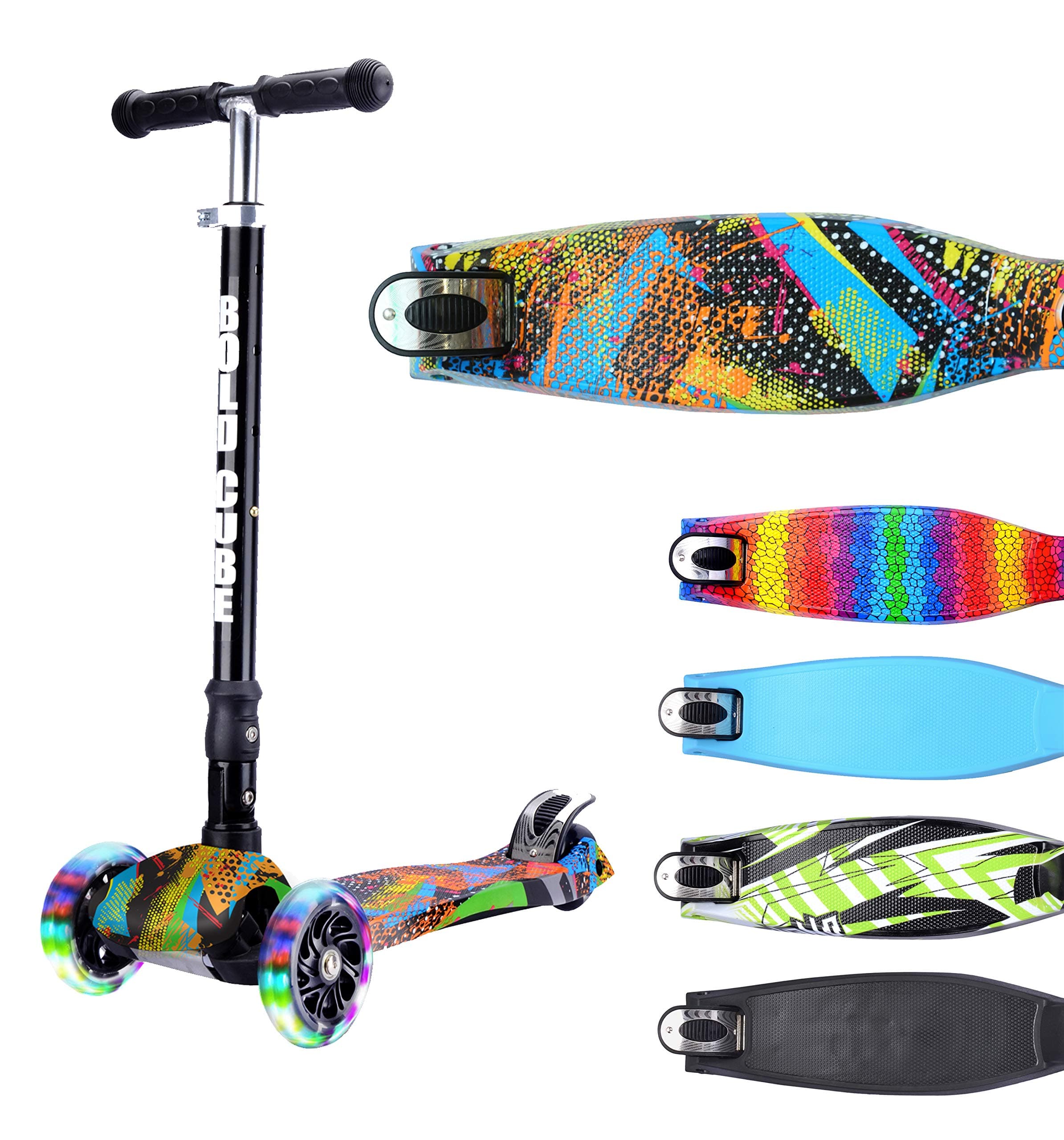 BOLDCUBE Kids 3 Wheel Kick Scooter - Lean to Steer - Foldable & Height Adjustable - Flashing LED Lights - Replaceable Parts - Suitable for Girls & Boys Ages 5 + Gifts for Kids Birthday and Christmas