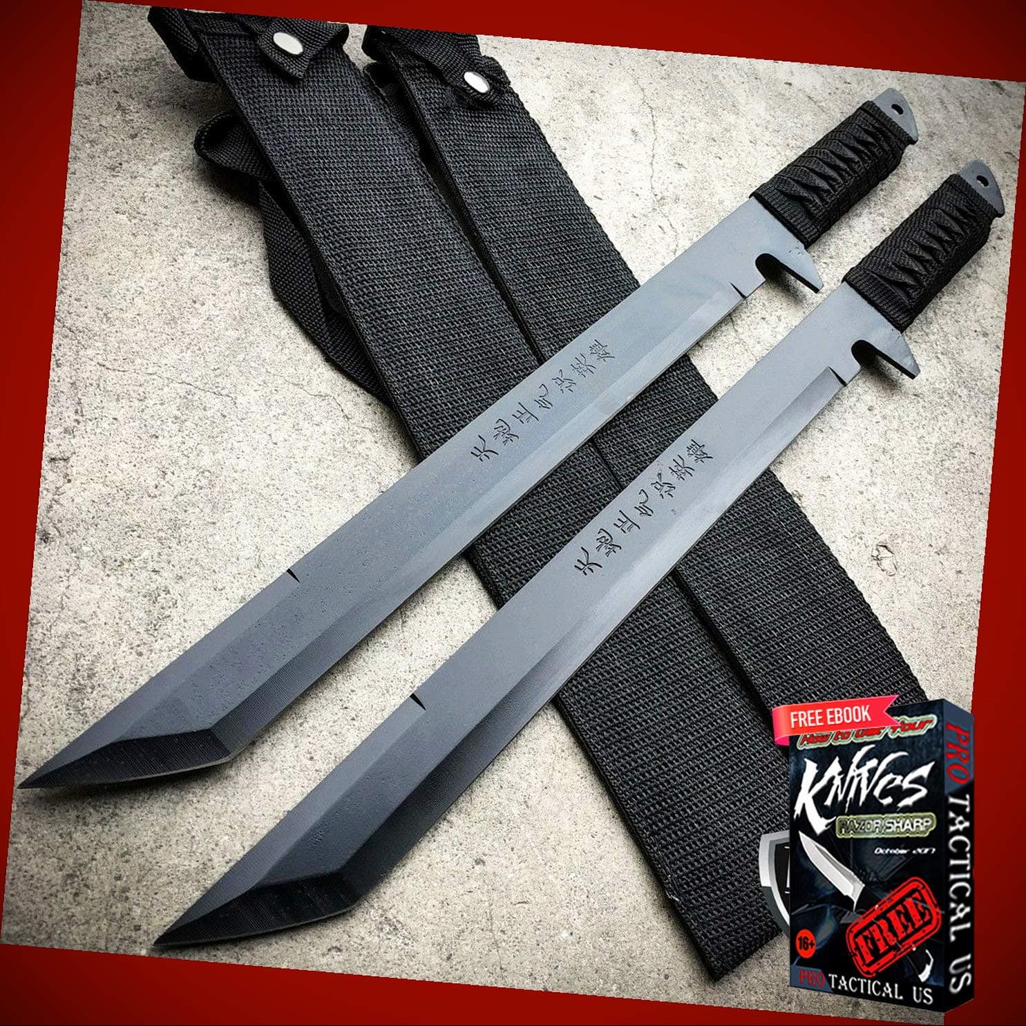 New 2 PC Full Tang 18" inch Samurai Twin Tanto Blade Sword Machete Katana BLACK BA-1293kn by PrTac-US